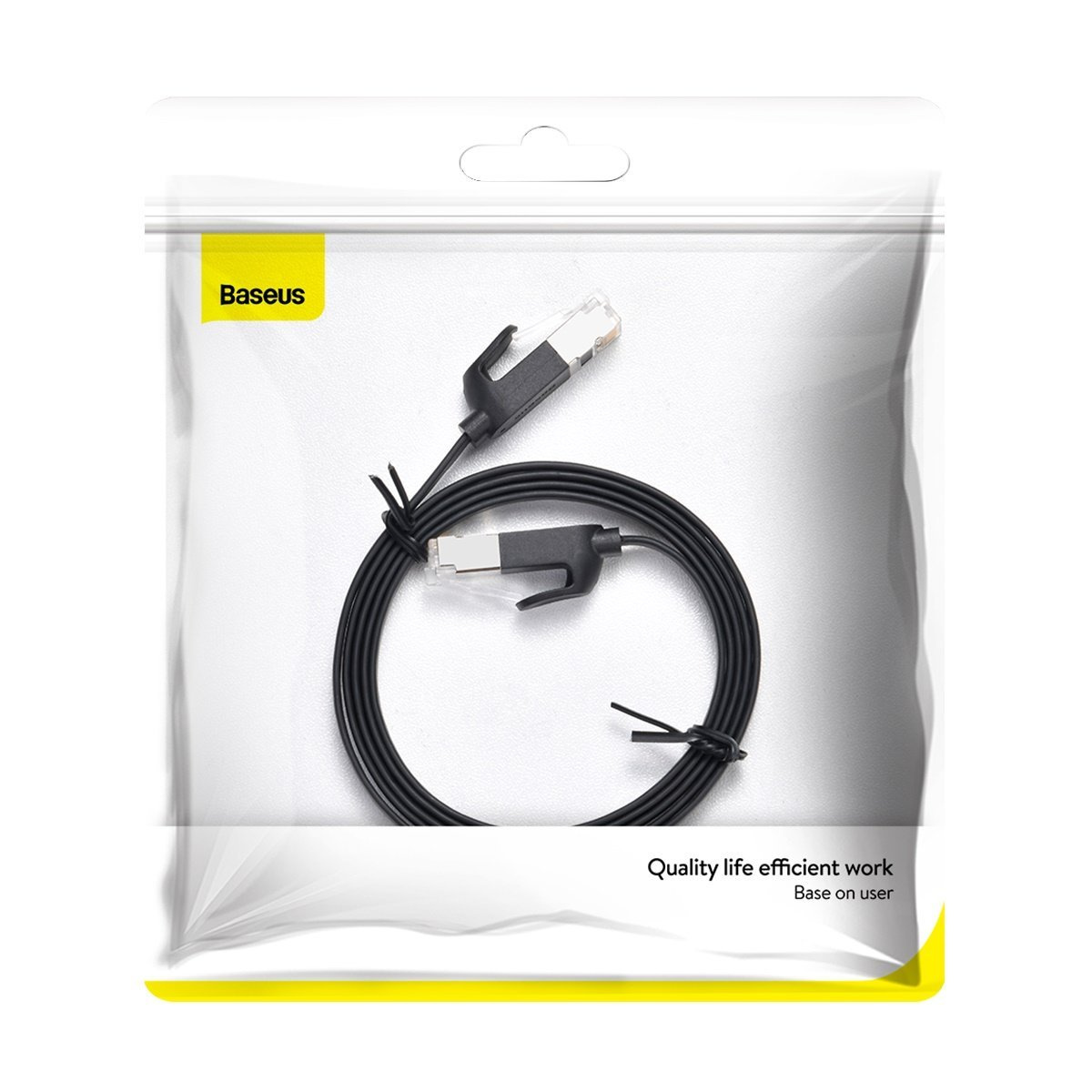 Un cavo Ethernet Baseus è all'interno di una confezione di plastica trasparente. Il cavo nero è ad anello e legato. La confezione ha testo e un bordo giallo.