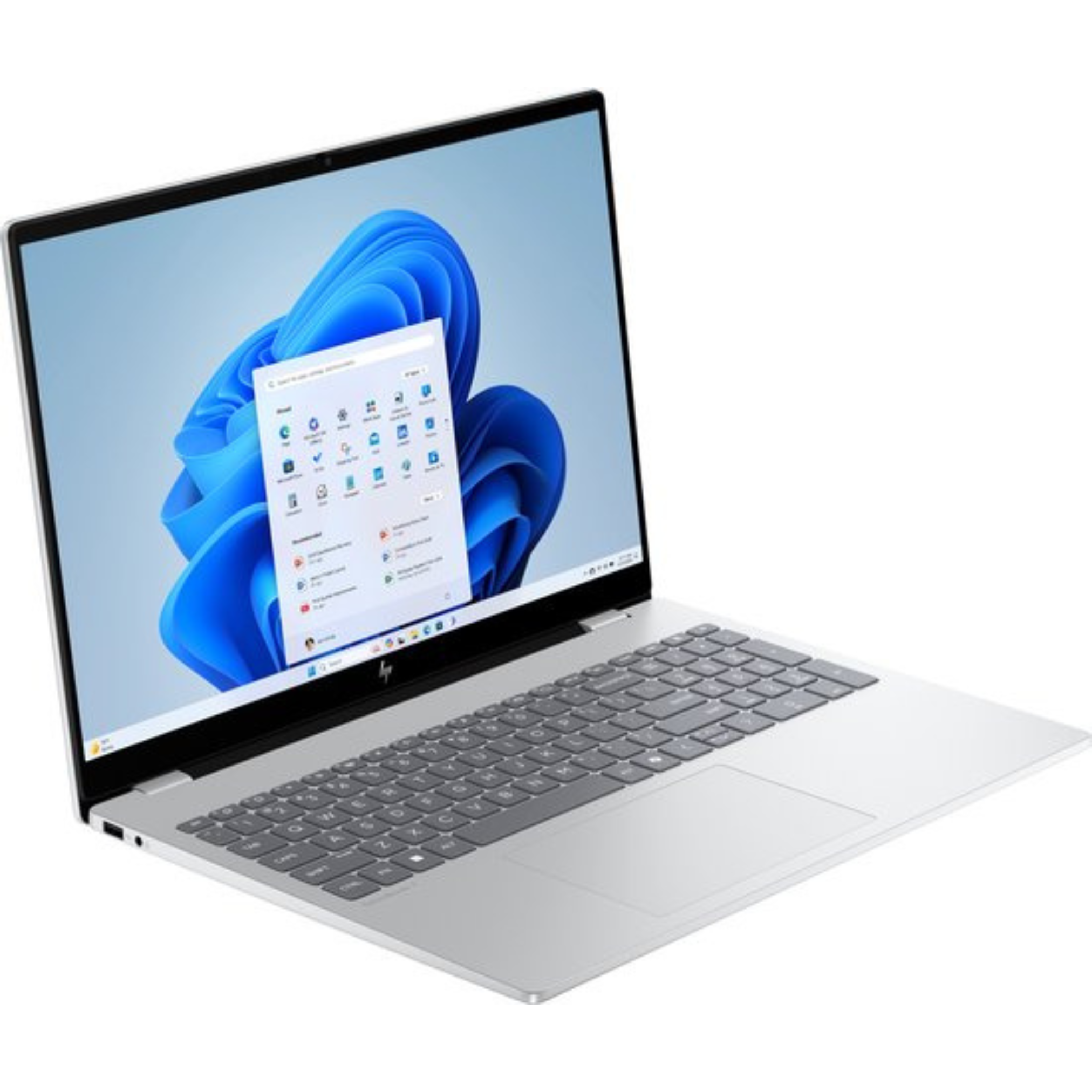 Silver laptop with a Windows 11 screen. The screen shows a start menu. The keyboard and touchpad are visible.