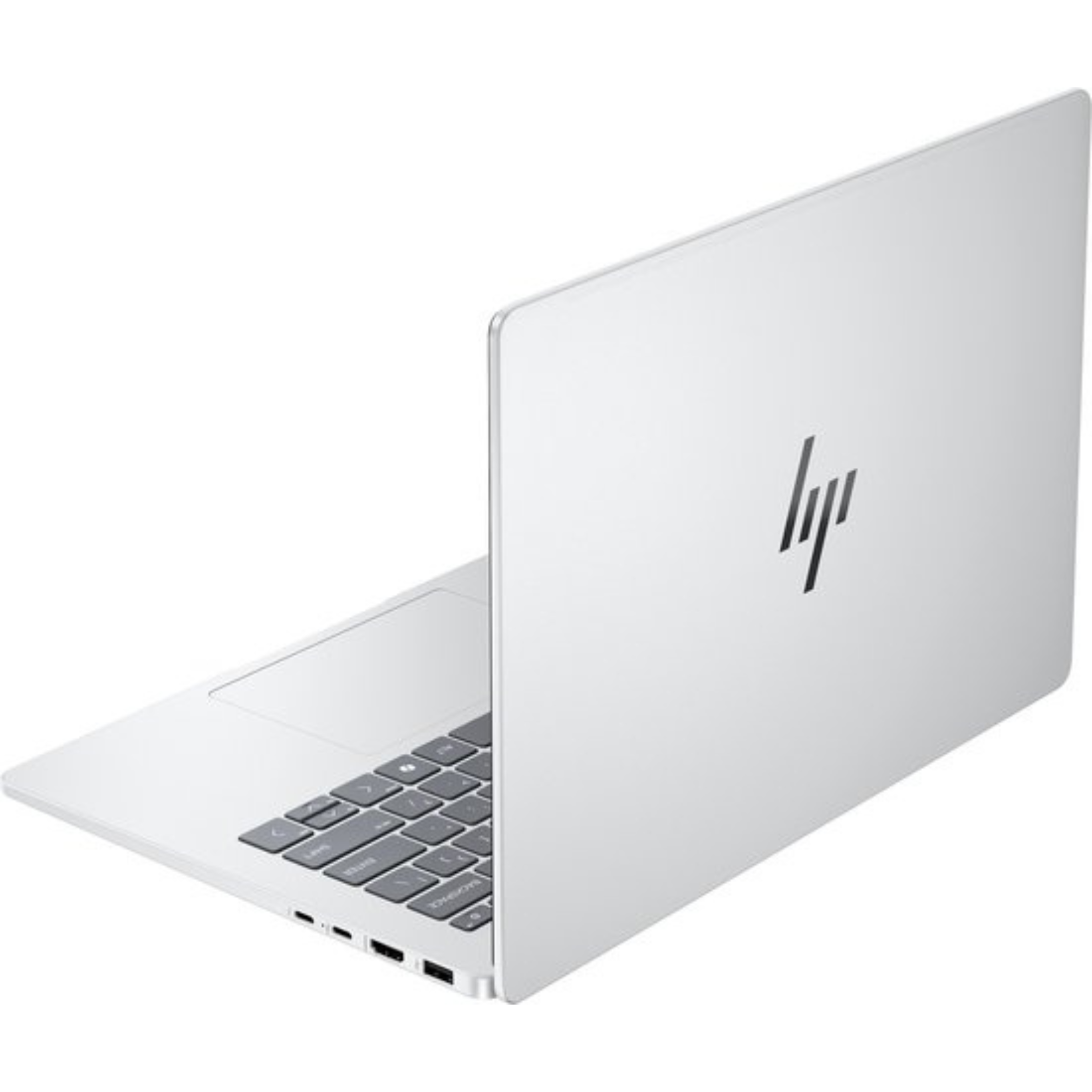 A white laptop, partially open. The back shows the HP logo. The keyboard and touchpad are visible.