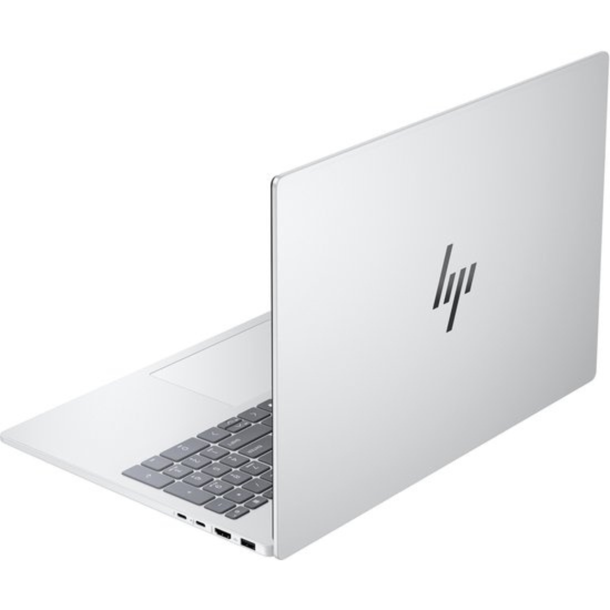 A white HP laptop is open at an angle. The HP logo is visible on the lid. The keyboard is gray.