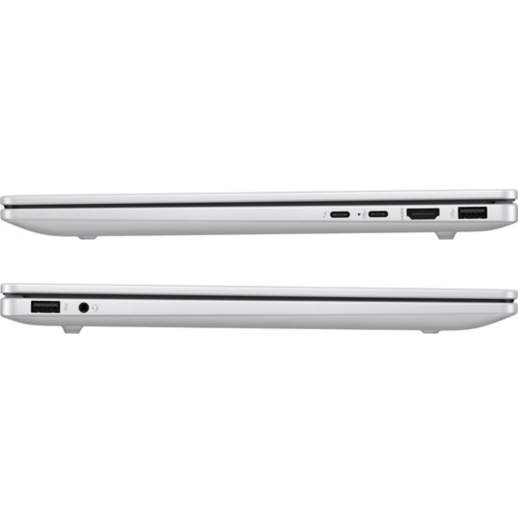 Two silver laptops are seen from the side, with ports visible. The top one has USB-C and HDMI ports.