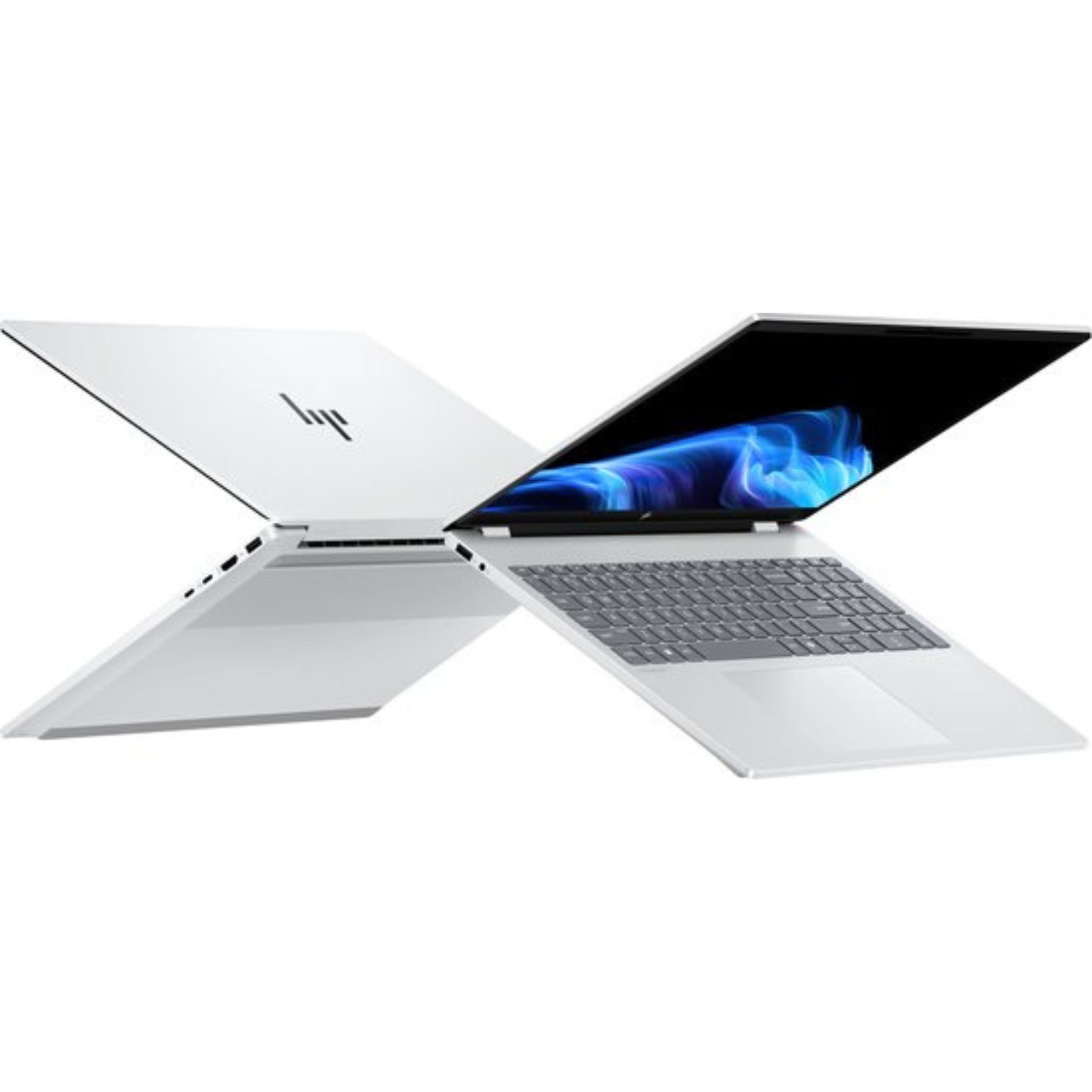 Two white laptops, one open showing keyboard and screen with blue design. Other is closed with HP logo.