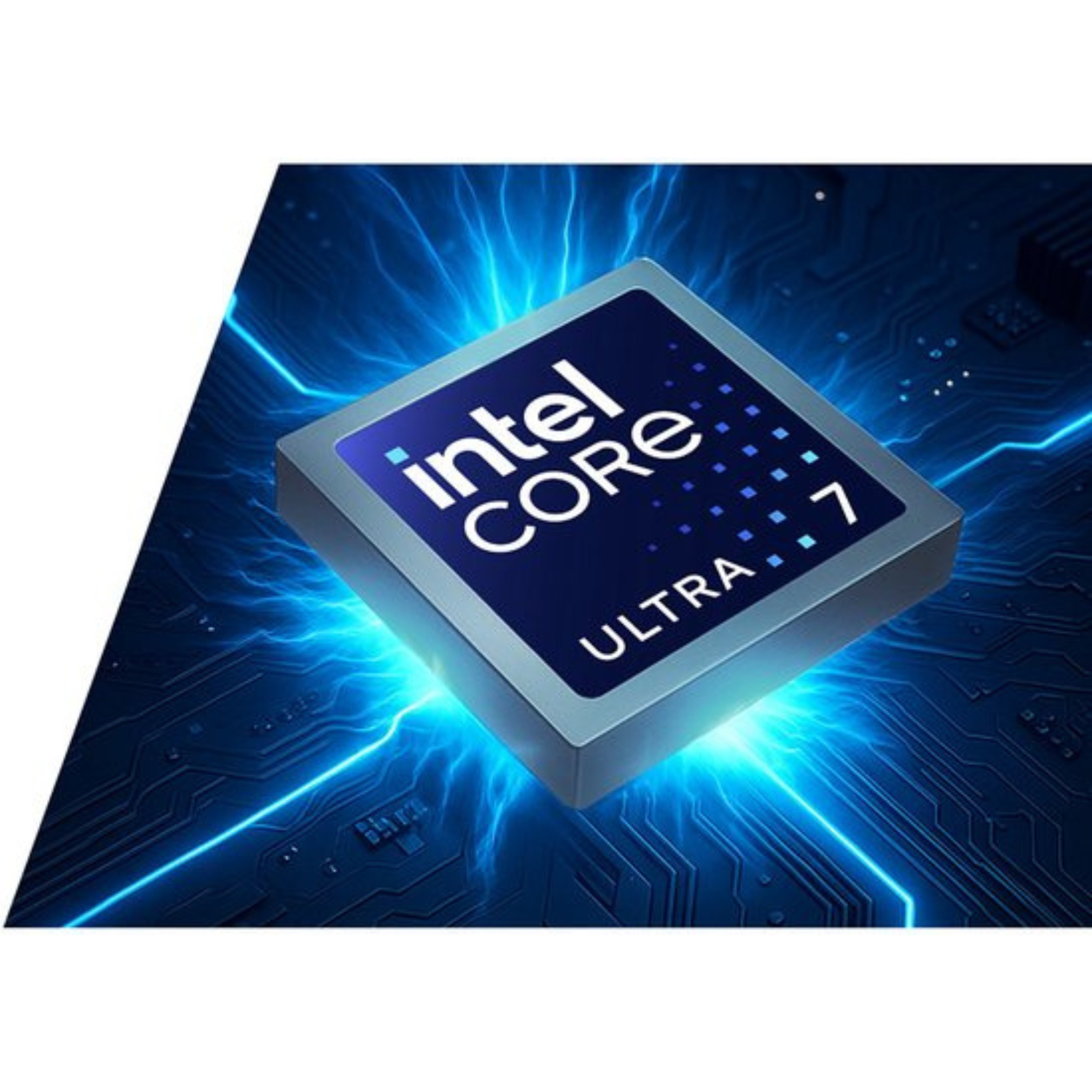 A close-up of an Intel Core Ultra 7 processor. It has a blue and white logo on a dark blue circuit board background.