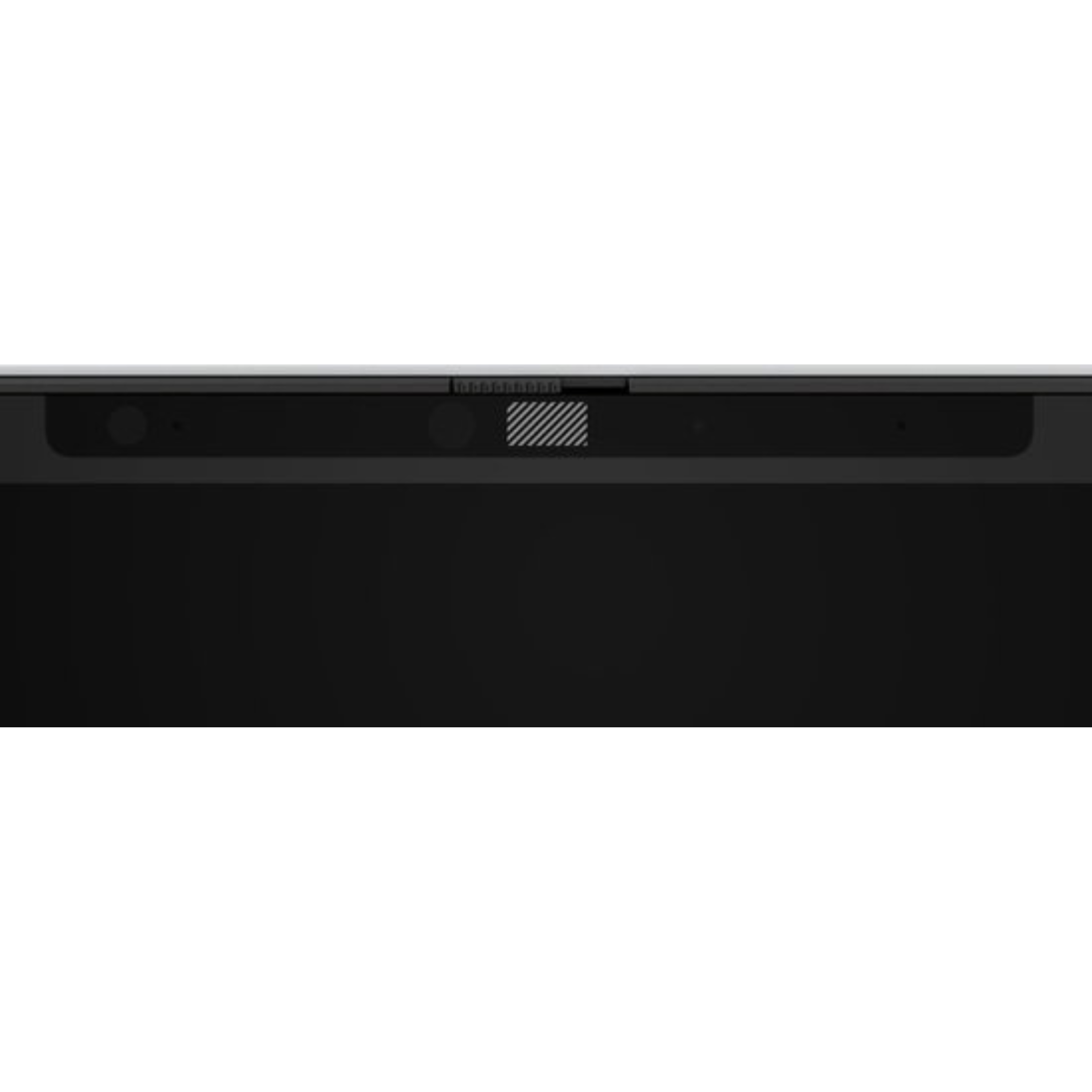 A close-up of the top of a black laptop. It has a camera, microphone, and speakers. White background.