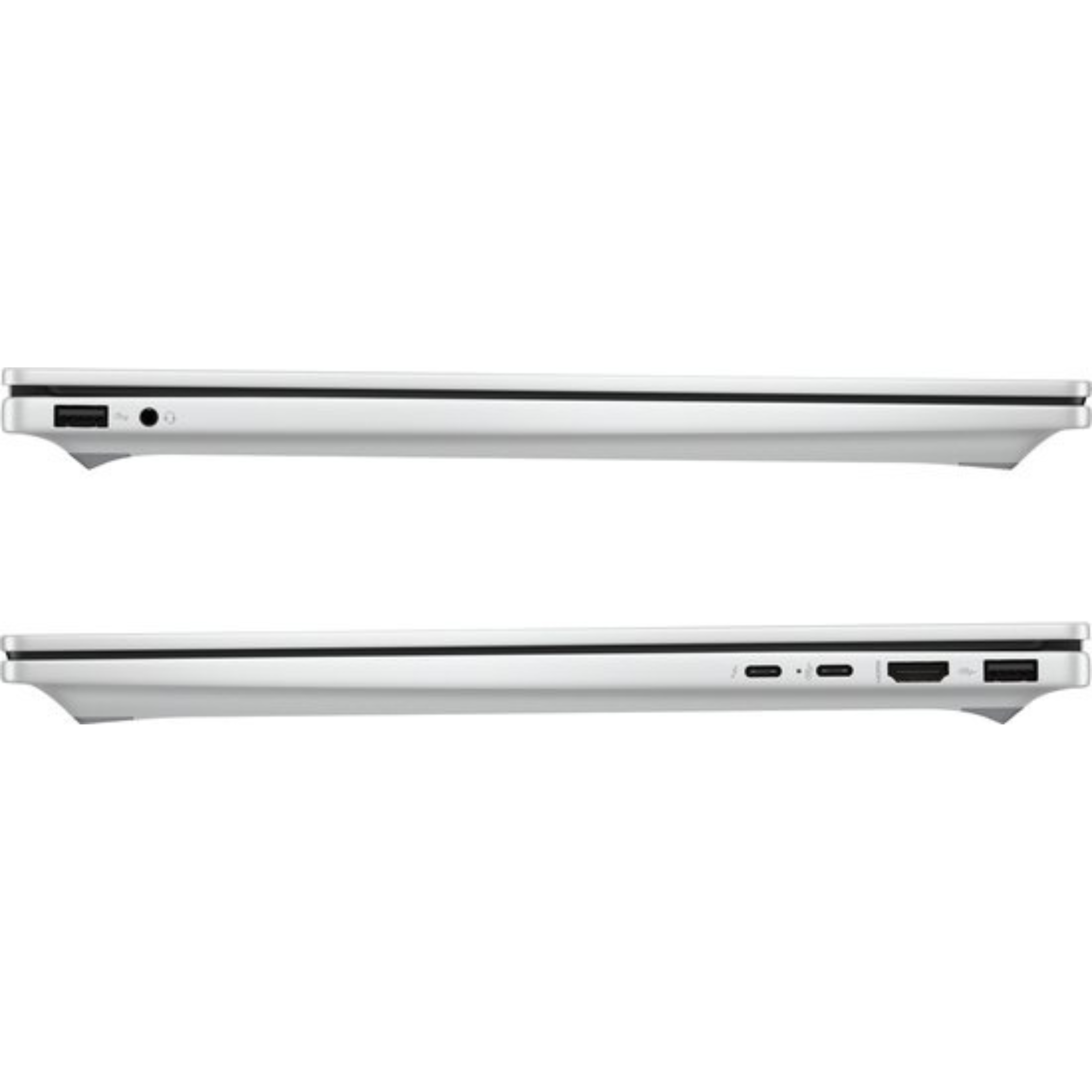 Two side views of a white laptop. Top: USB port and audio jack. Bottom: USB-C, HDMI and USB ports.