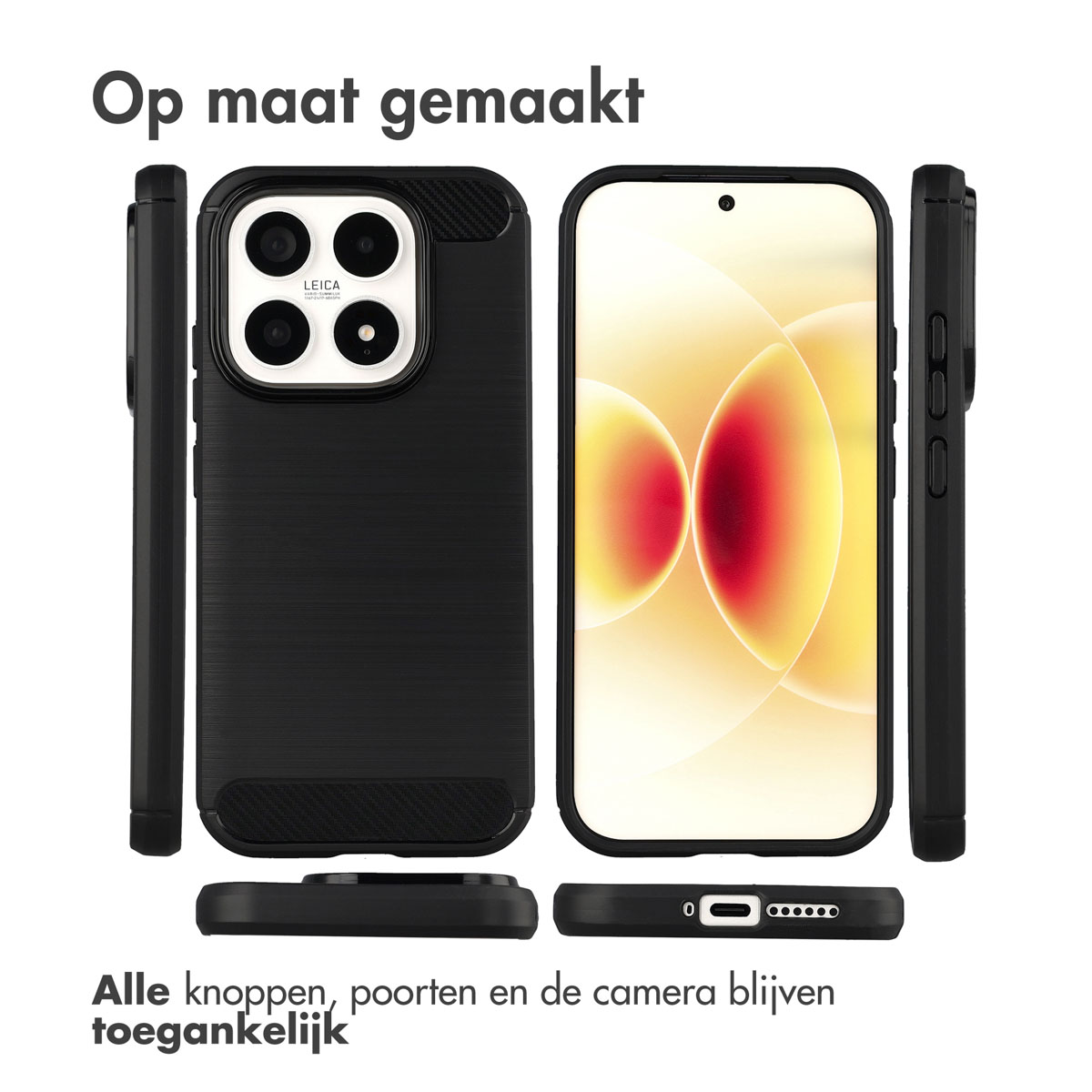 Zwarte telefoonhoes met camera en scherm, Leica-logo zichtbaar. Tekst bovenaan: 'Op maat gemaakt'. Tekst onderaan: 'Alle knoppen... toegankelijk'.