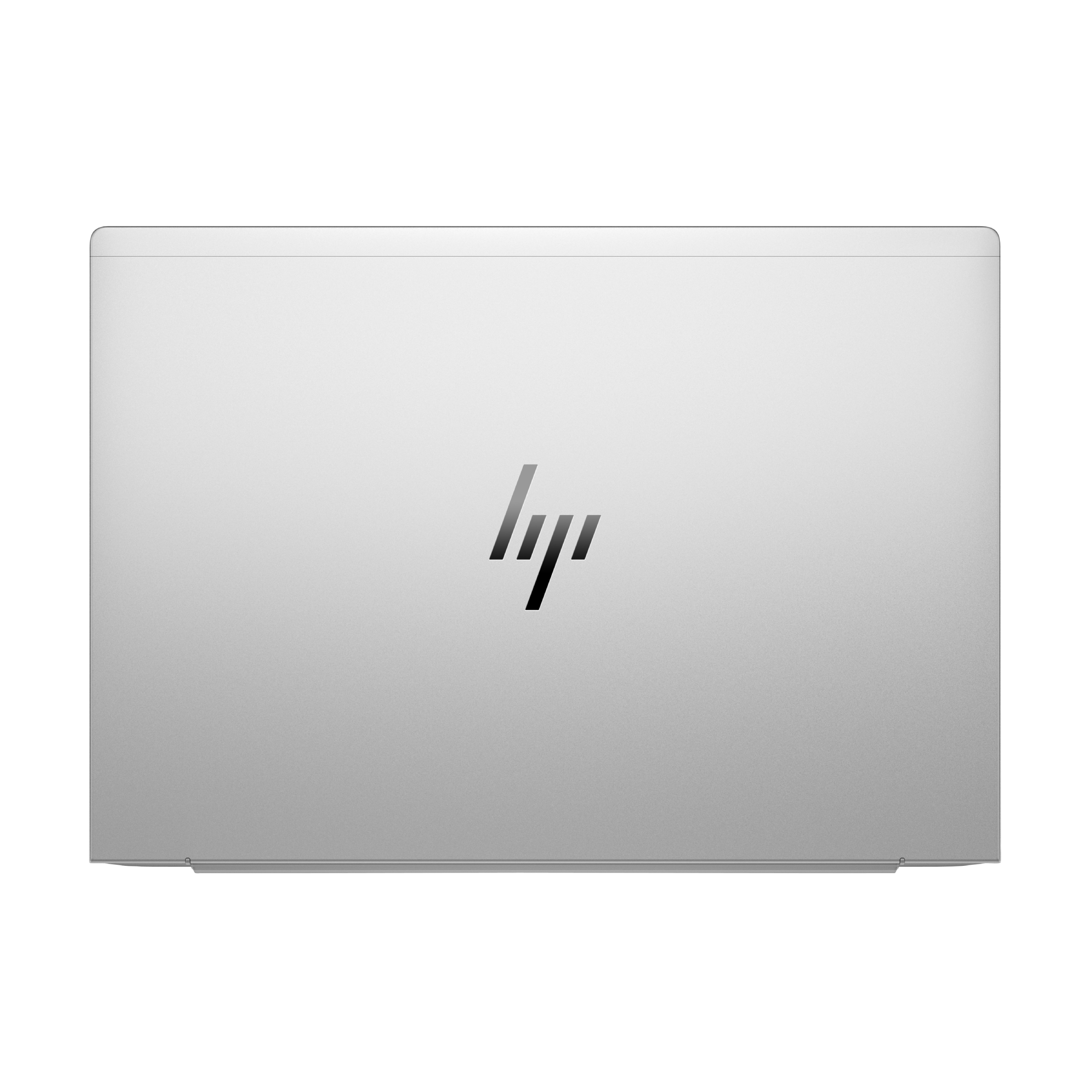 Zilveren laptopdeksel met het HP-logo in het midden.