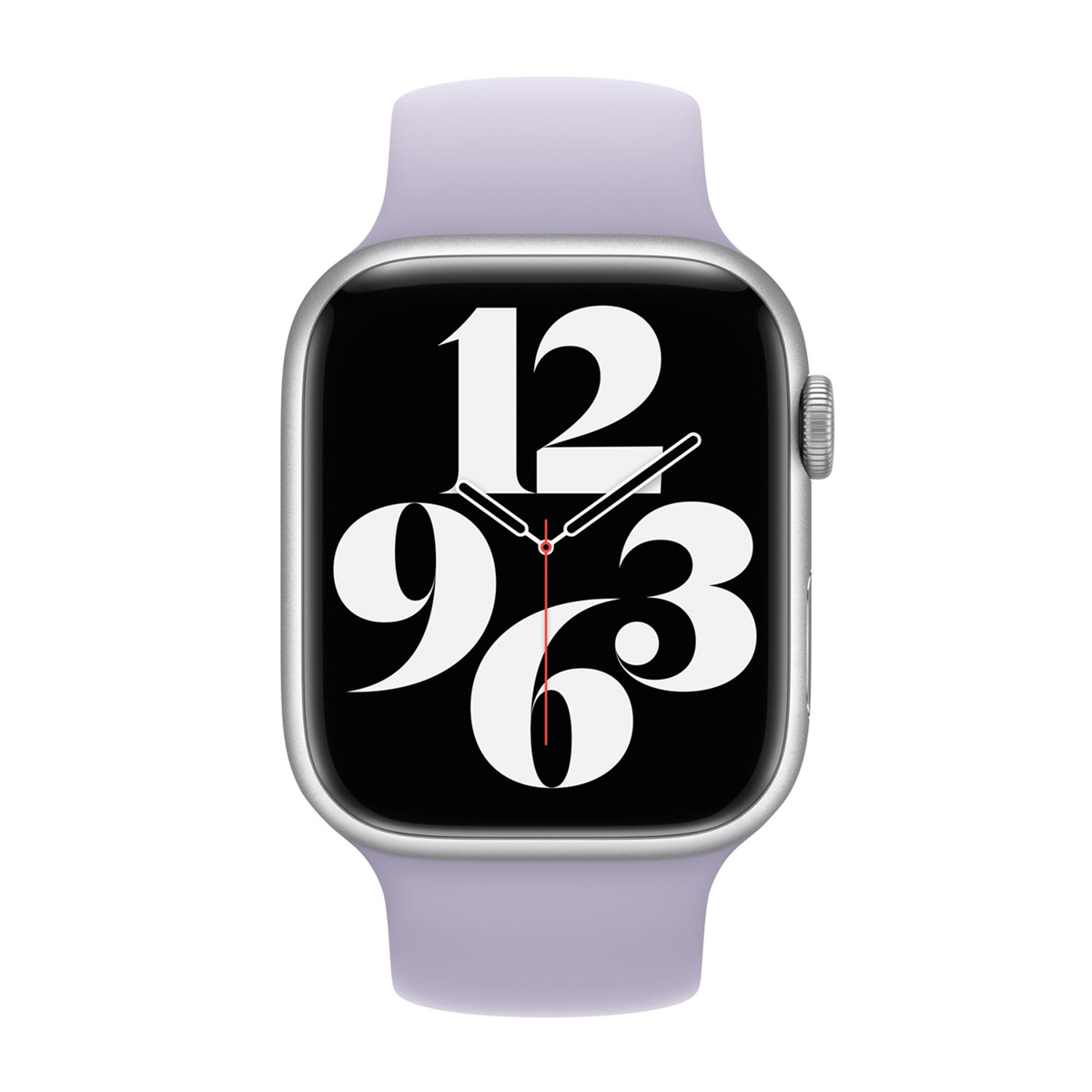 Zbliżenie Apple Watch z liliowym paskiem. Tarcza zegarka jest czarna z dużymi białymi cyframi i wskazówkami. Tło jest białe.