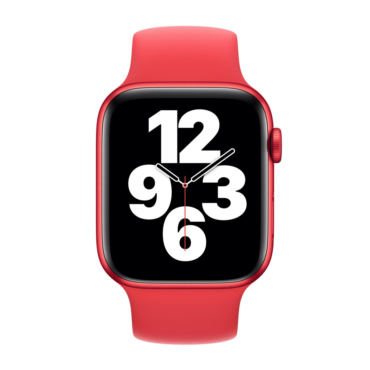 Un Apple Watch rosso mostra l'ora 12:09:03. L'orologio ha un cinturino rosso e uno schermo nero. Un pulsante rosso è sul lato.