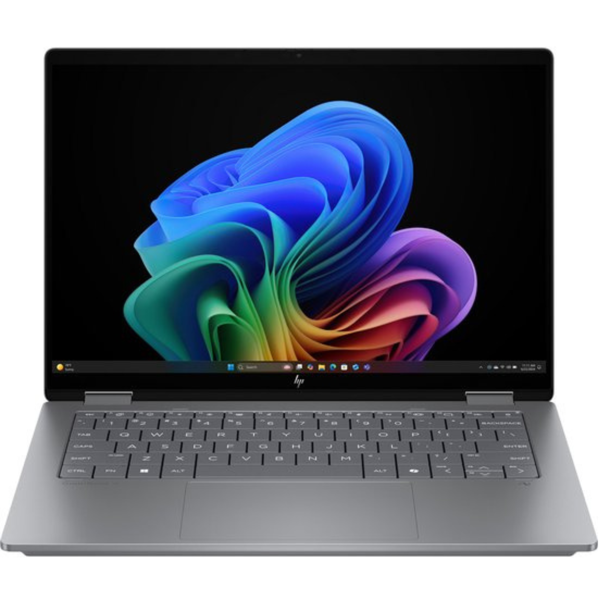 Een grijze HP laptop is open. Het scherm toont een kleurrijke, abstracte werveling. Toetsenbord is zichtbaar.