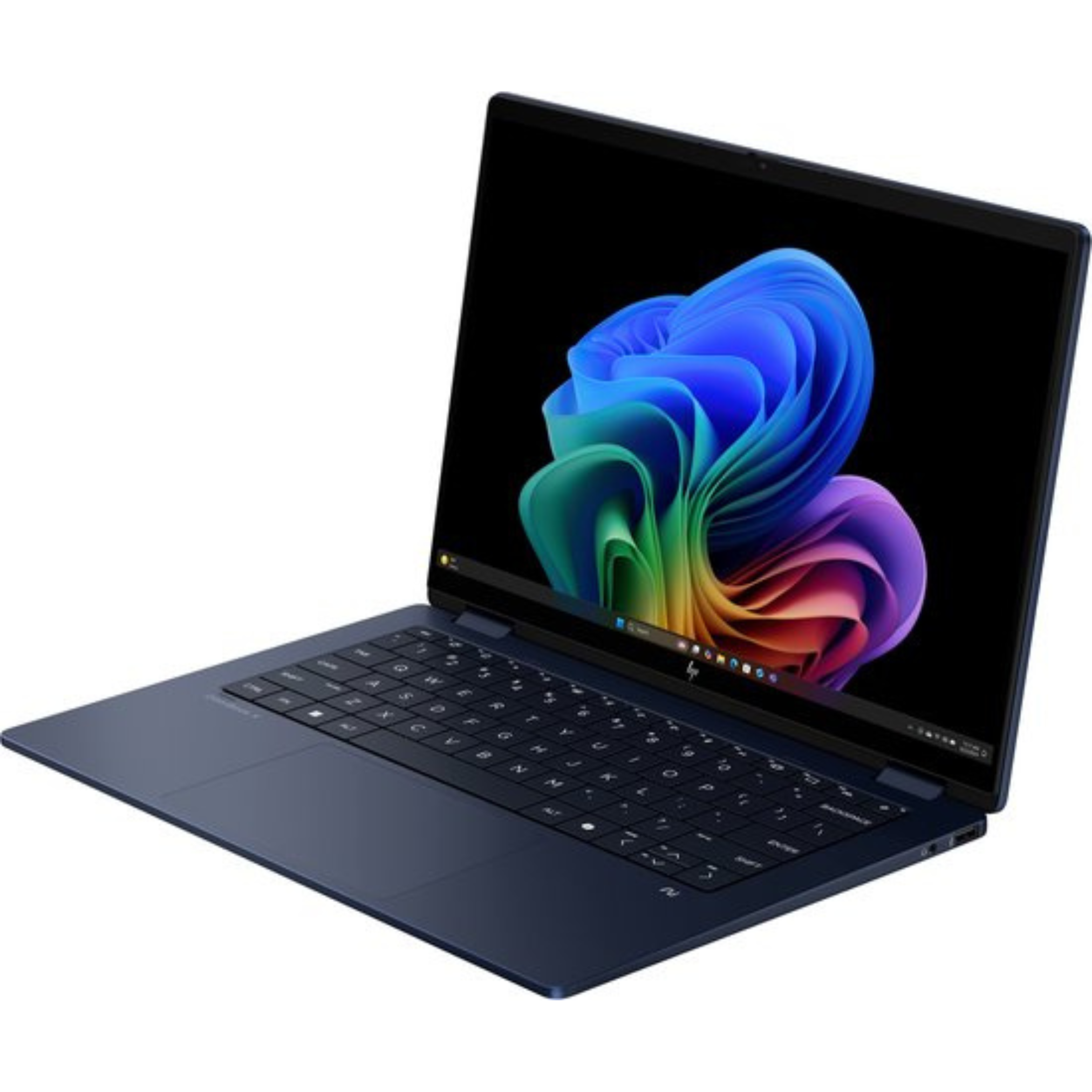Een donkerblauwe laptop is open, met een kleurrijk abstract beeld. Het toetsenbord is zwart, de achtergrond wit.