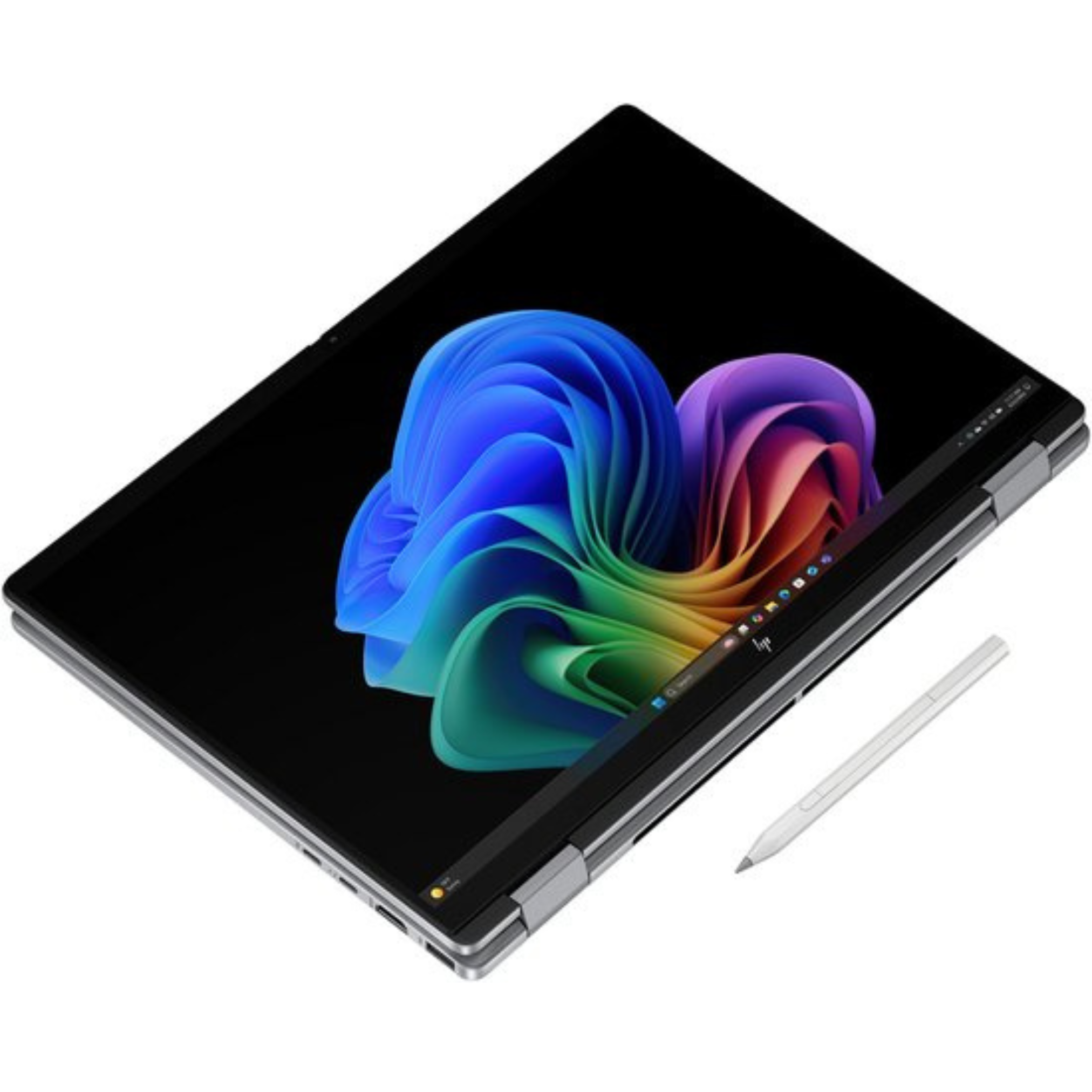 Een laptop met een zwart scherm waarop kleurrijke abstracte vormen te zien zijn. Ernaast een stylus. De achtergrond is wit.