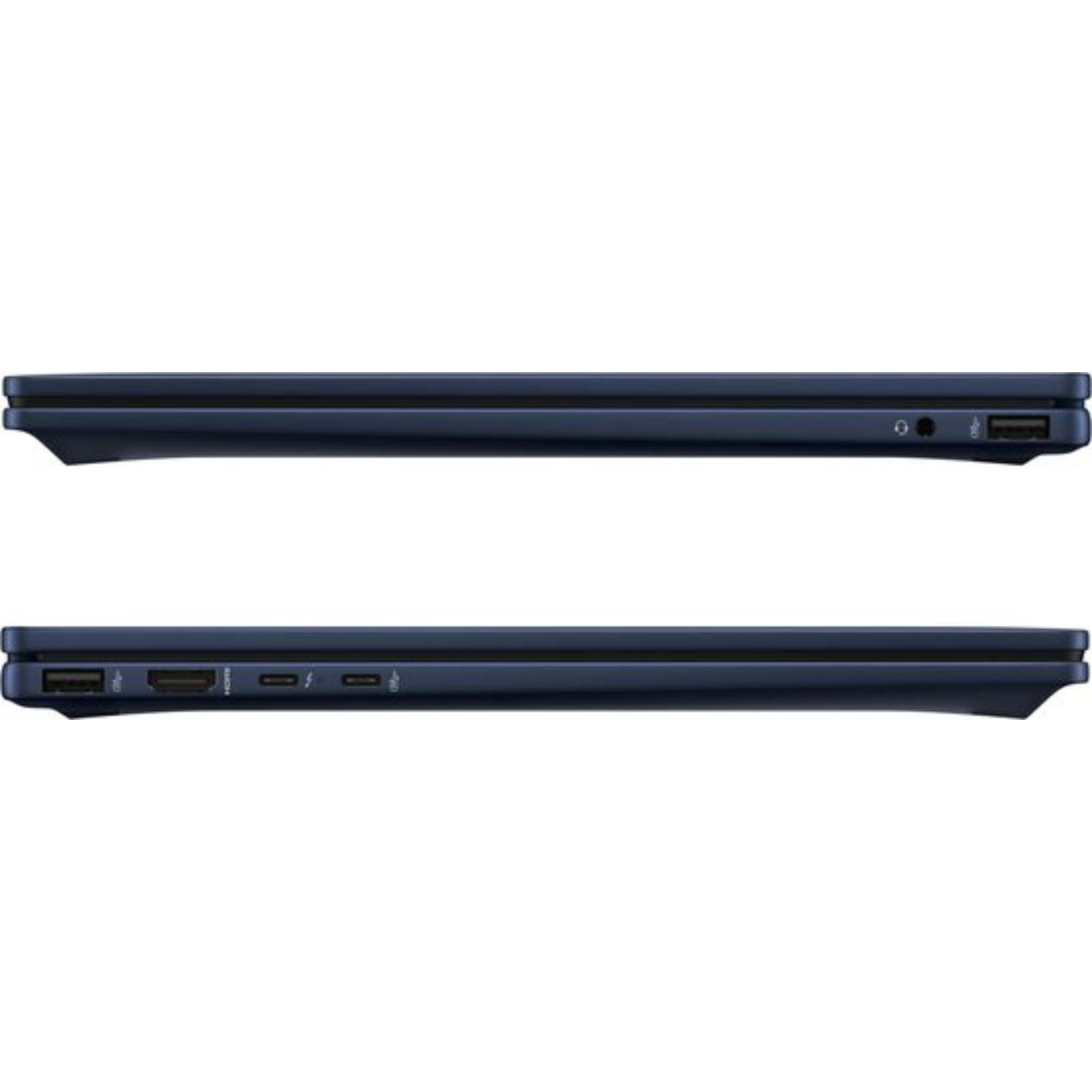 Twee blauwe laptops naast elkaar. De onderste laptop toont poorten: USB, HDMI en twee andere. De bovenste laptop toont USB en audio-aansluiting.