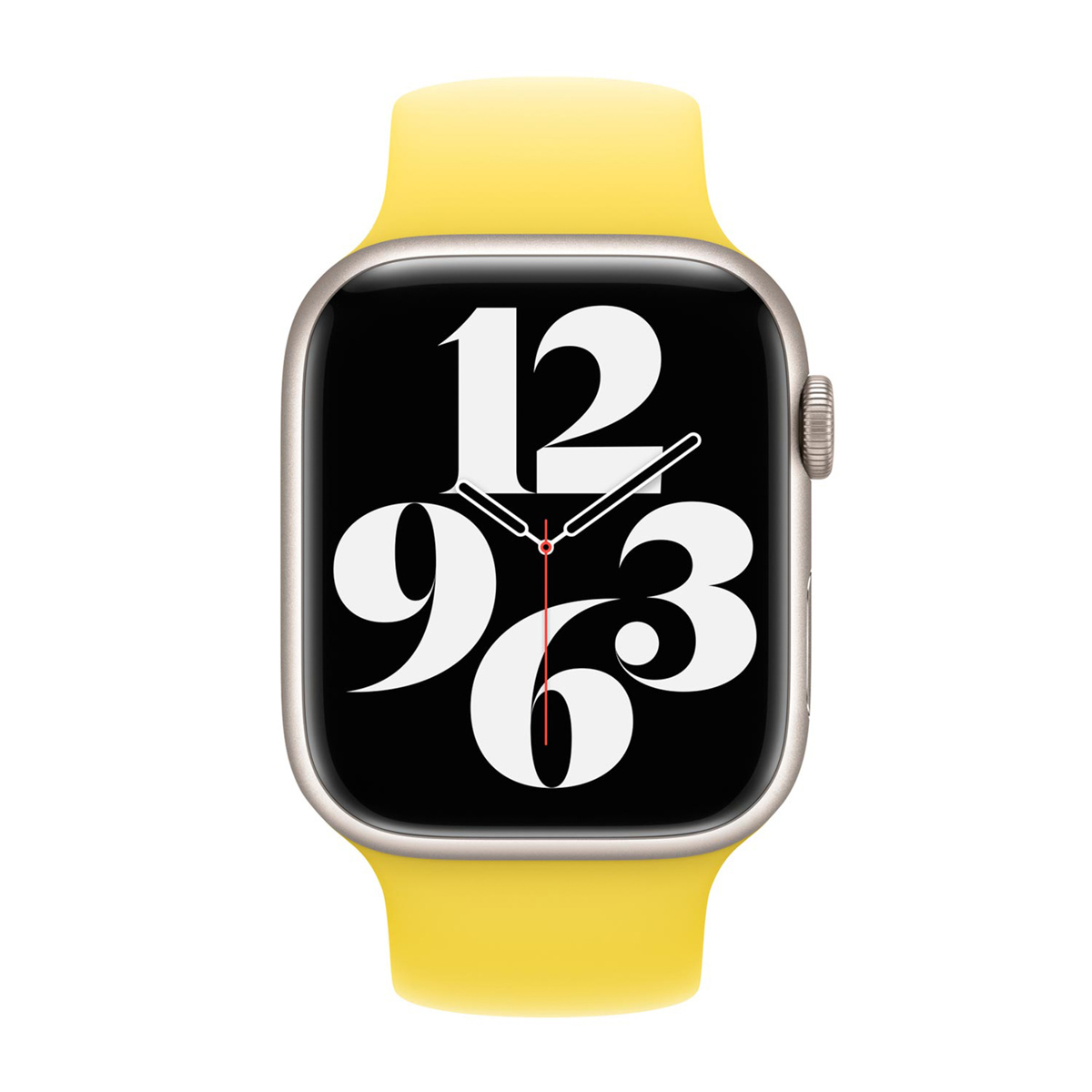 Un Apple Watch giallo mostra l'ora su uno schermo nero con grandi numeri bianchi. L'orologio ha una cornice argentata e un cinturino giallo.