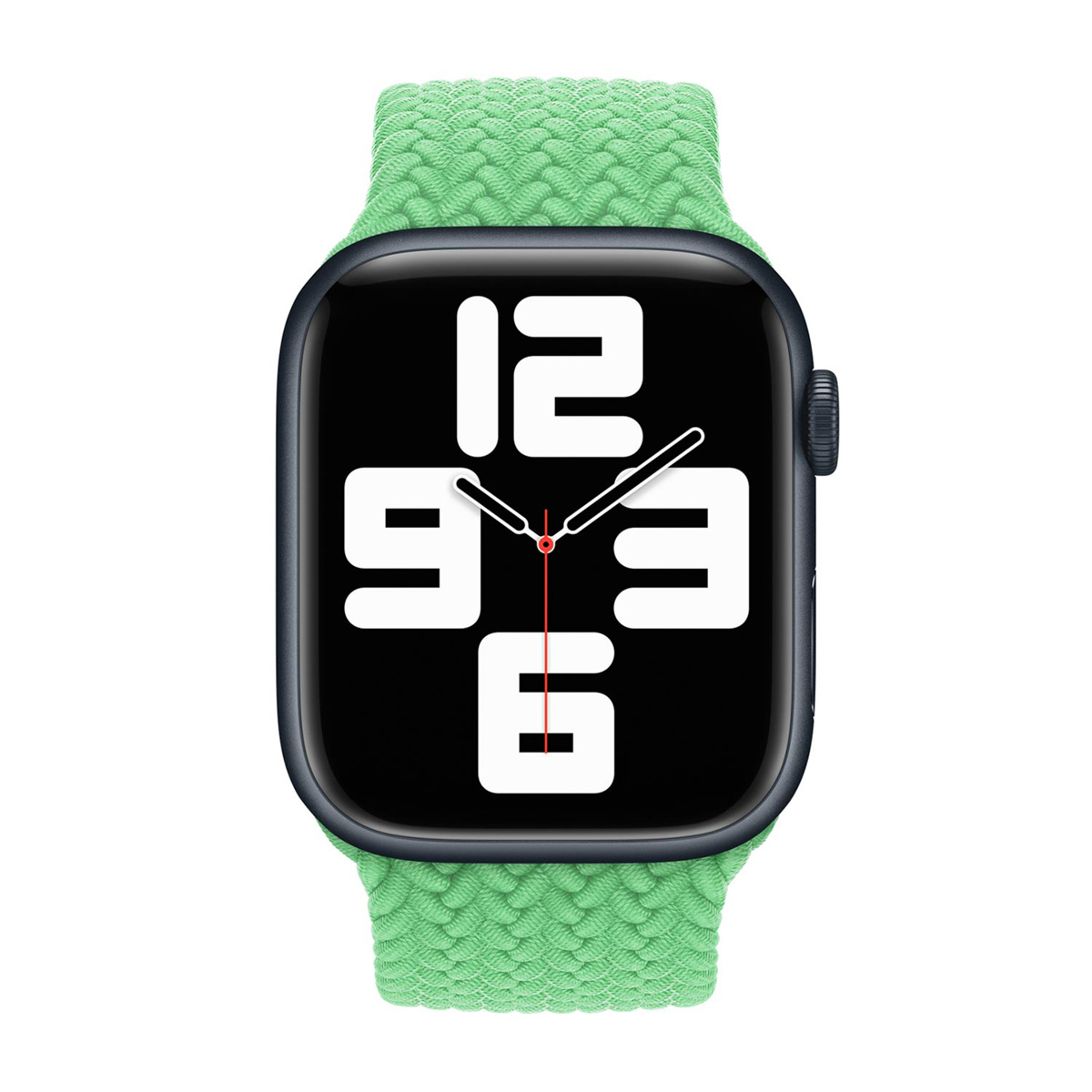 Un Apple Watch con schermo nero che mostra l'ora. Ha un cinturino verde. La cassa dell'orologio è blu scuro.