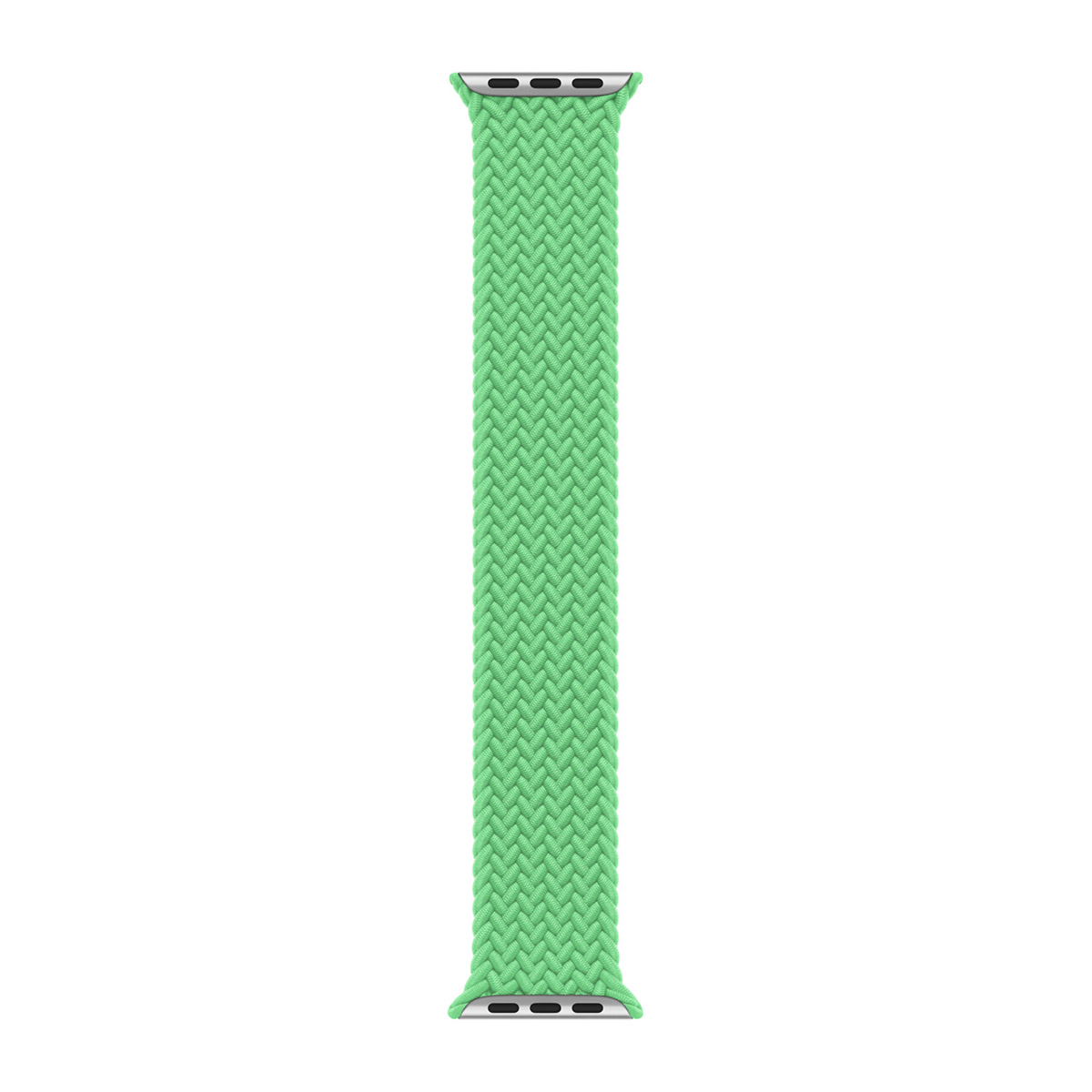 Un cinturino Apple Watch verde chiaro. Ha un motivo intrecciato e connettori argentati su entrambe le estremità. Lo sfondo è bianco.