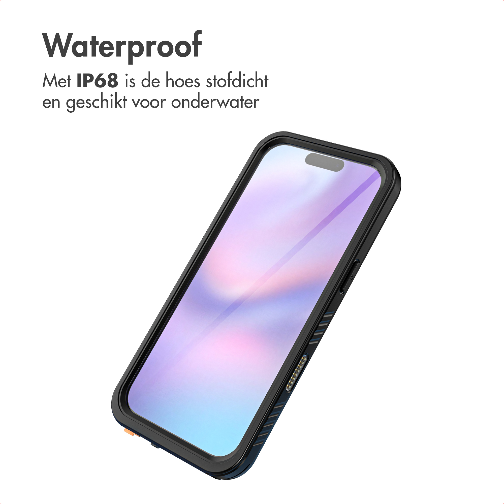 A phone in a black waterproof case. Text above says 'Waterproof' and a description about IP68.