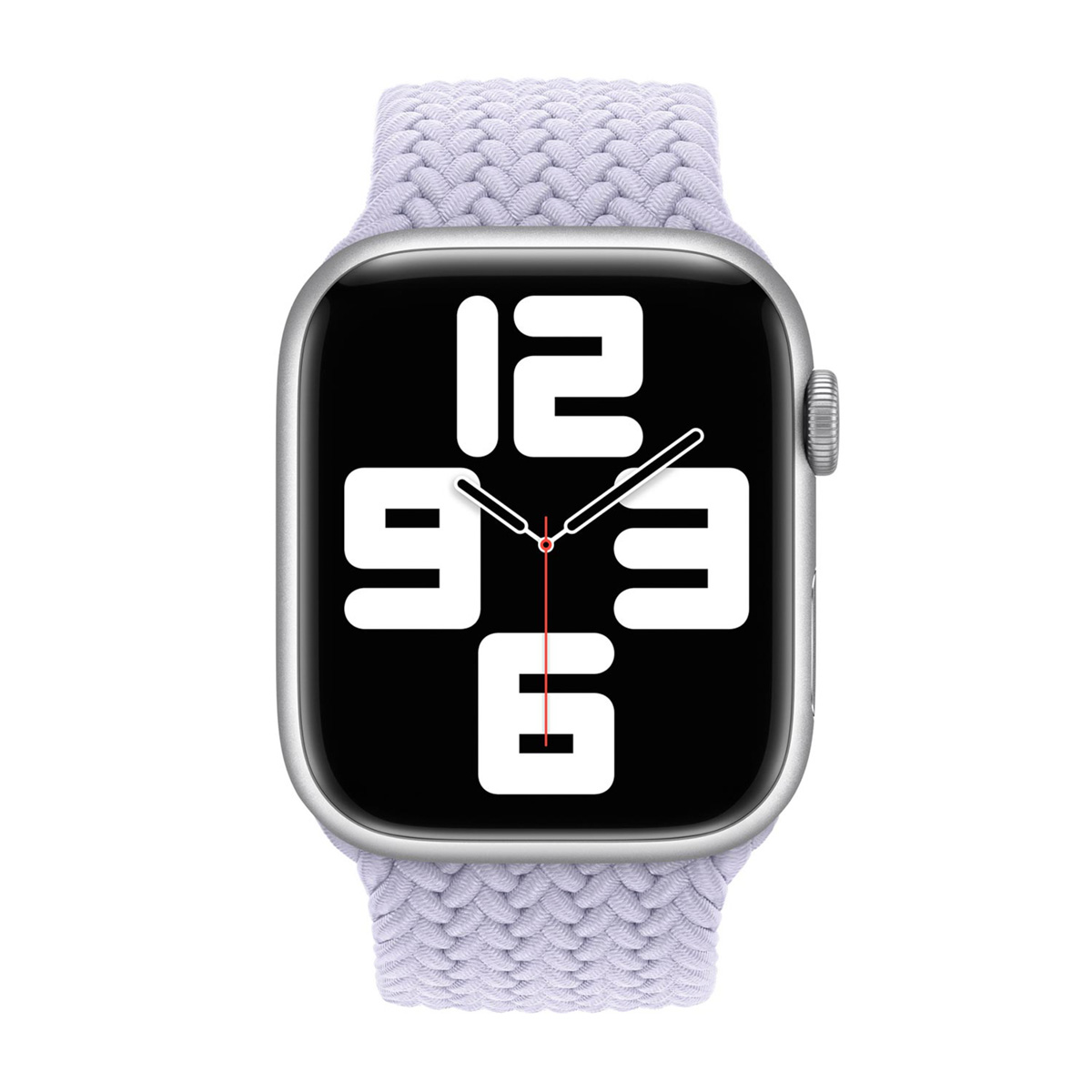 Un Apple Watch argentato con un cinturino solo intrecciato lilla. Il quadrante mostra l'ora, le 9:16. Lo sfondo è bianco.
