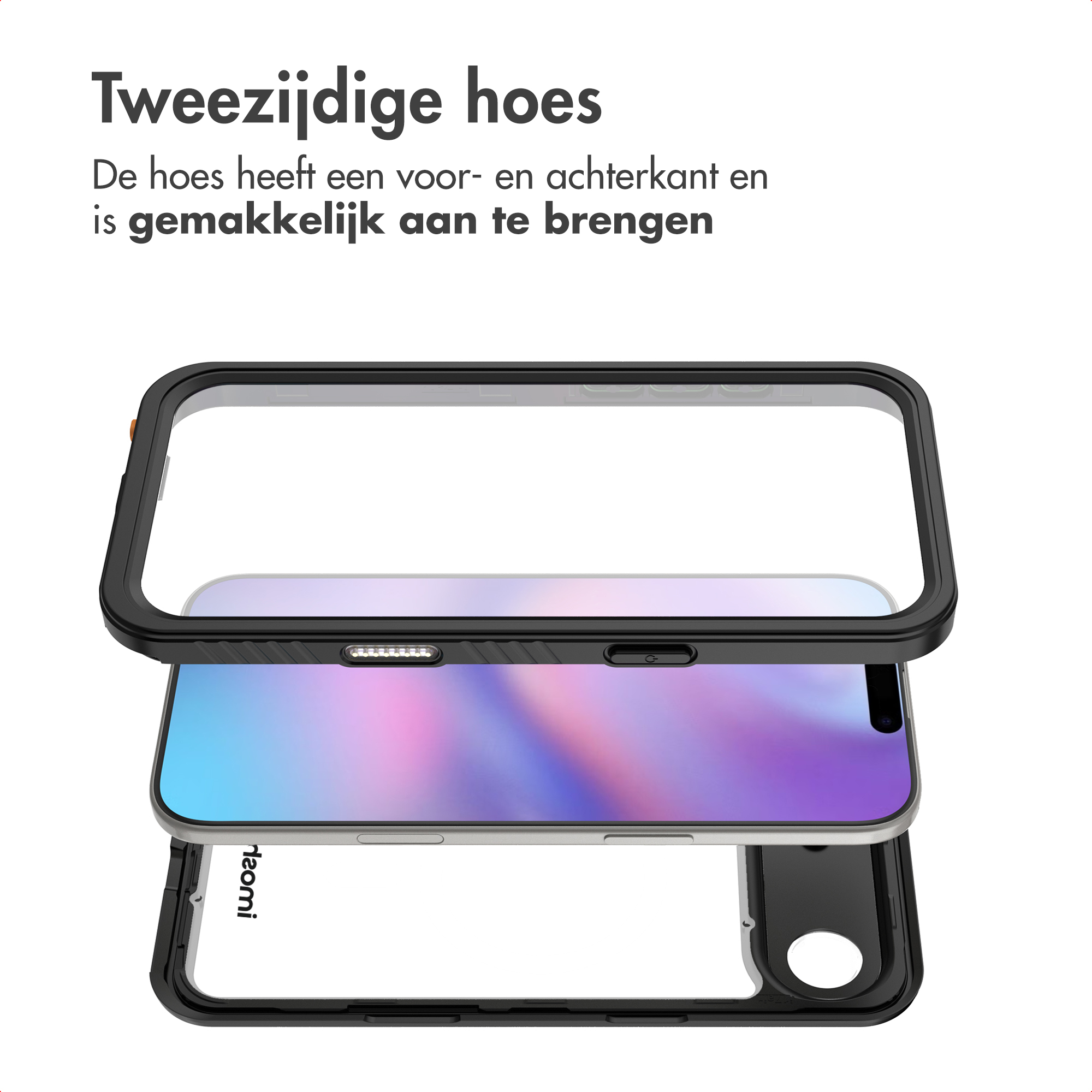 Phone case, black frame with clear cover, phone inside. Text: 'Tweezijdige hoes'. Phone visible, brand name daomi.