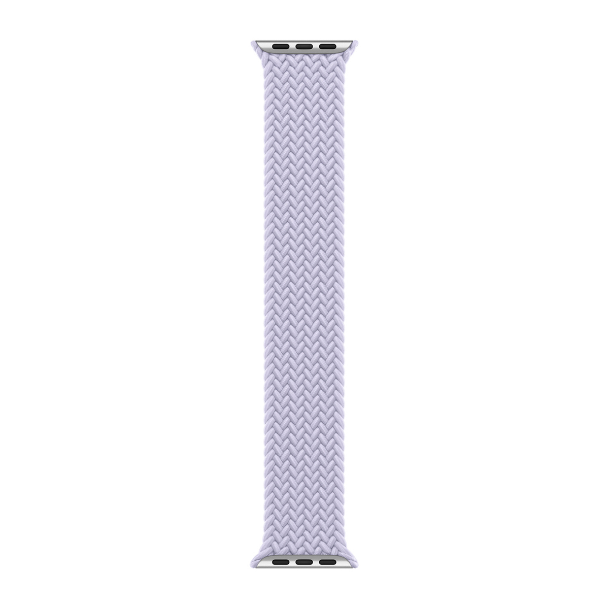 Un cinturino Apple Watch lilla chiaro, realizzato in materiale intrecciato, è posizionato verticalmente su uno sfondo bianco.