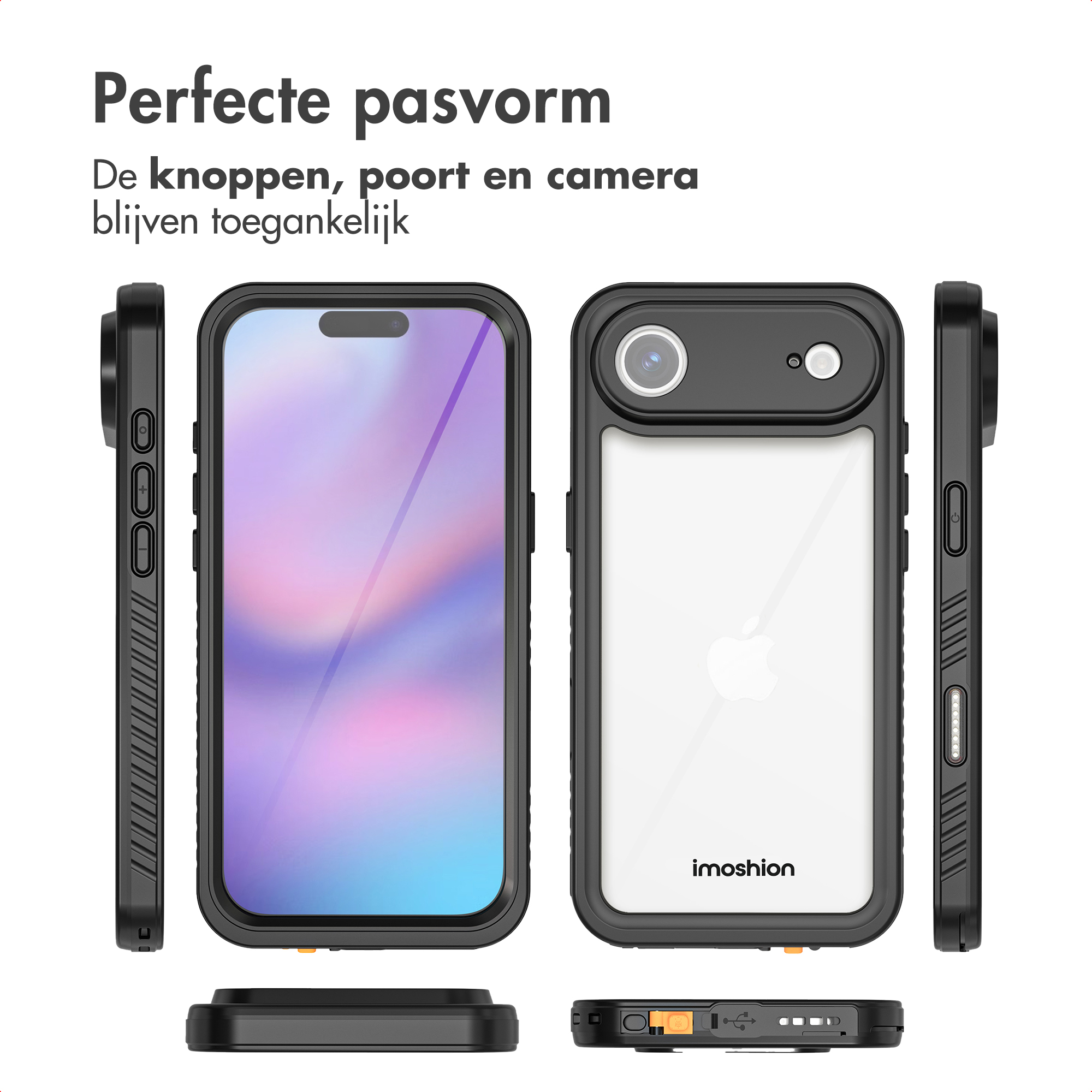 Phone case with a black frame and transparent back. Showing the phone's ports and buttons are accessible.