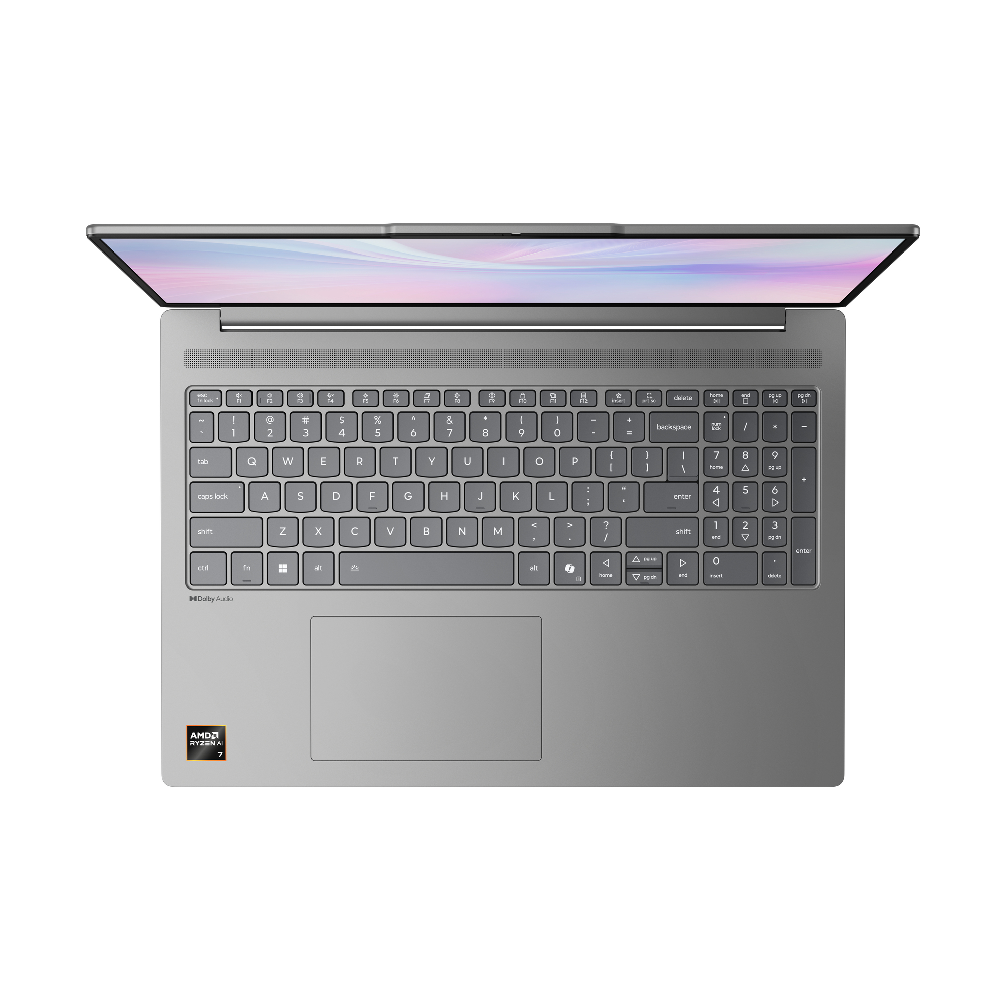 Szary laptop jest otwarty, widoczna klawiatura i ekran. Ekran wyświetla kolorowy gradient. Widoczne jest logo AMD Ryzen.