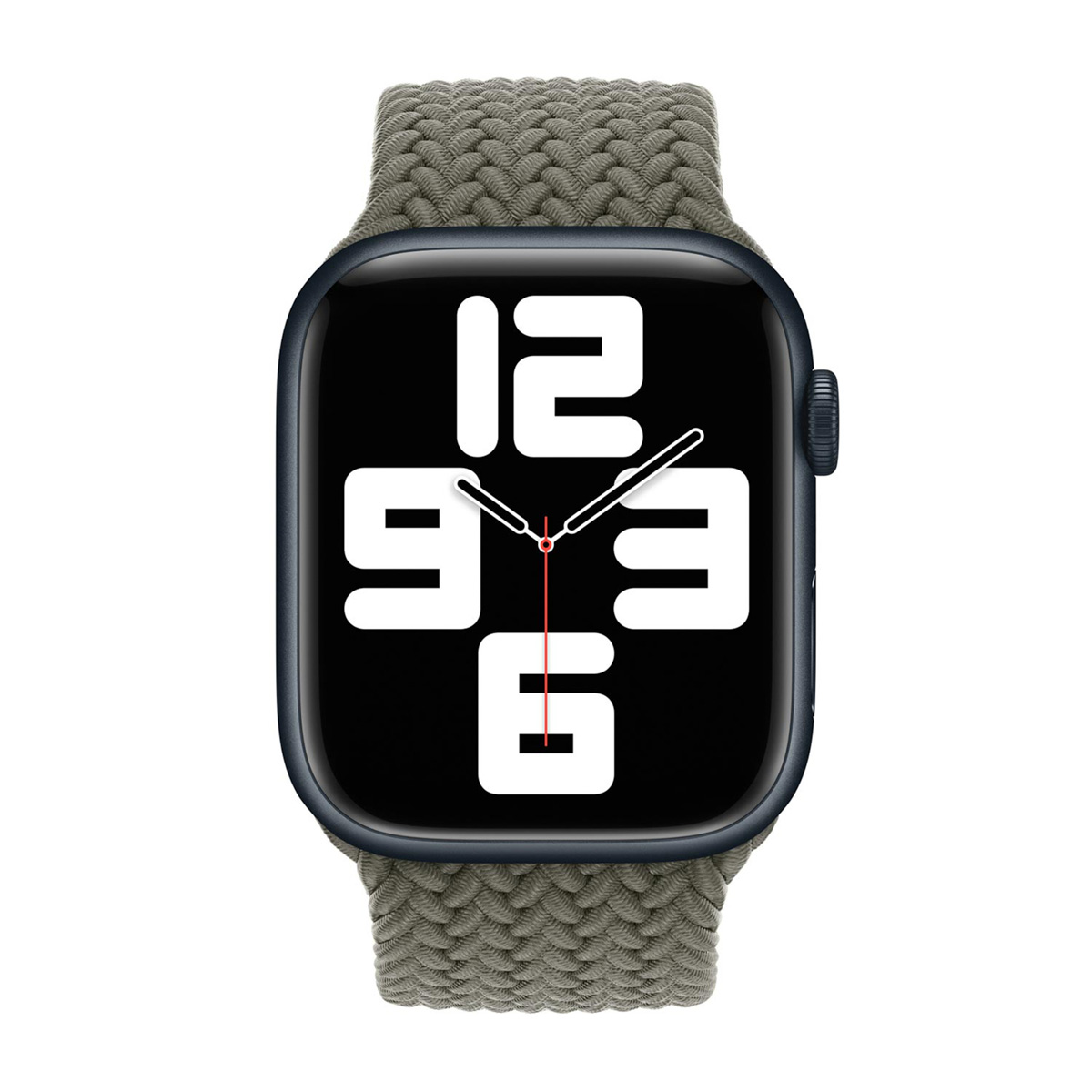 Un Apple Watch con cassa blu scuro e cinturino solo loop intrecciato verde oliva. Il quadrante mostra l'ora in numeri bianchi su sfondo nero.