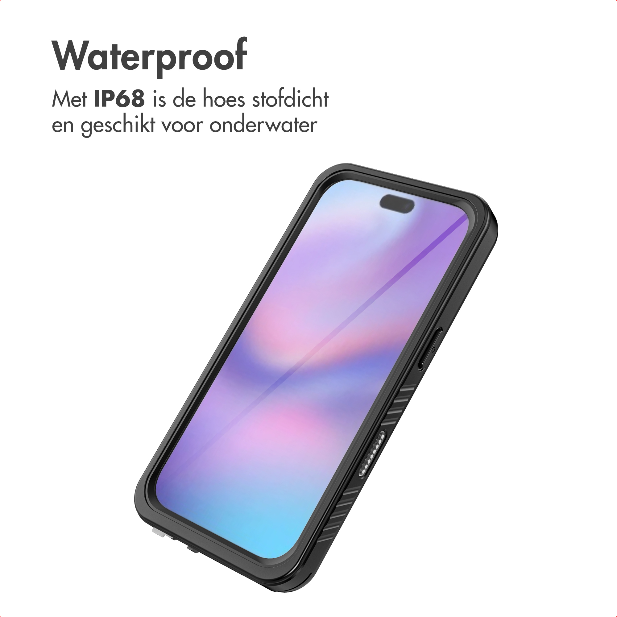 Een zwarte telefoonhoes met een telefoon erin. De hoes is waterdicht. De tekst bovenaan zegt waterdicht.
