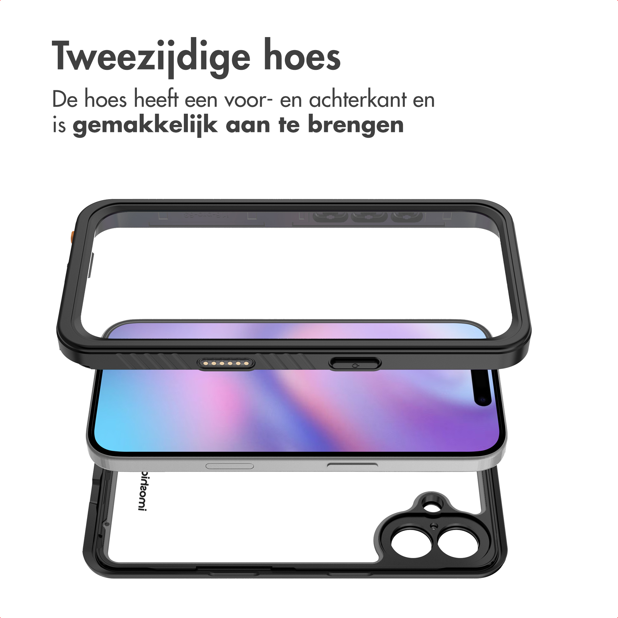 Er wordt een telefoonhoesje getoond, met een telefoon erin. De hoes is zwart en transparant. De tekst erboven luidt 'Tweezijdige hoes'.