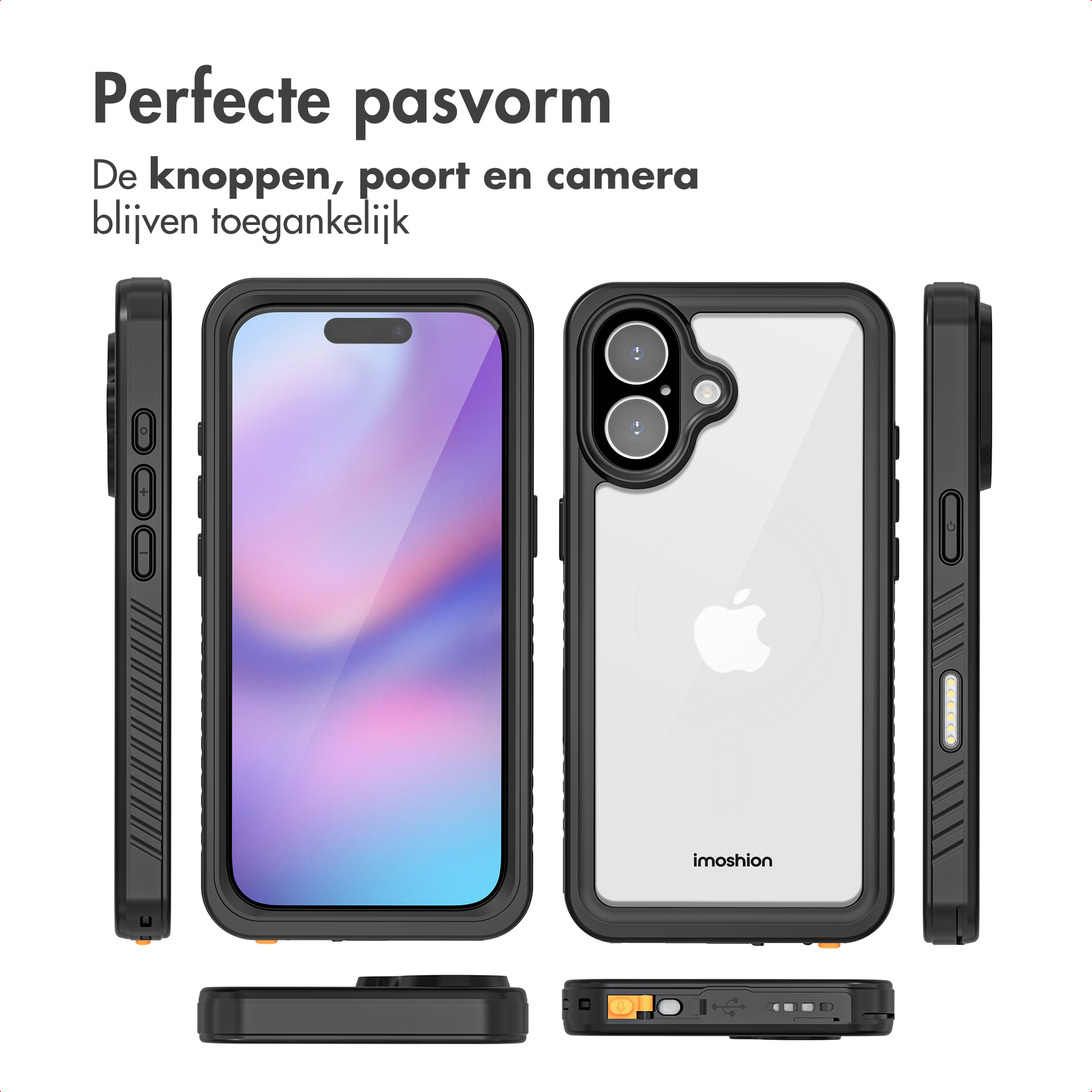 Telefoonhoesje met zwart frame. Verschillende aanzichten tonen dat knoppen, camera en poorten toegankelijk zijn. Witte achtergrond, tekst: Perfecte pasvorm.