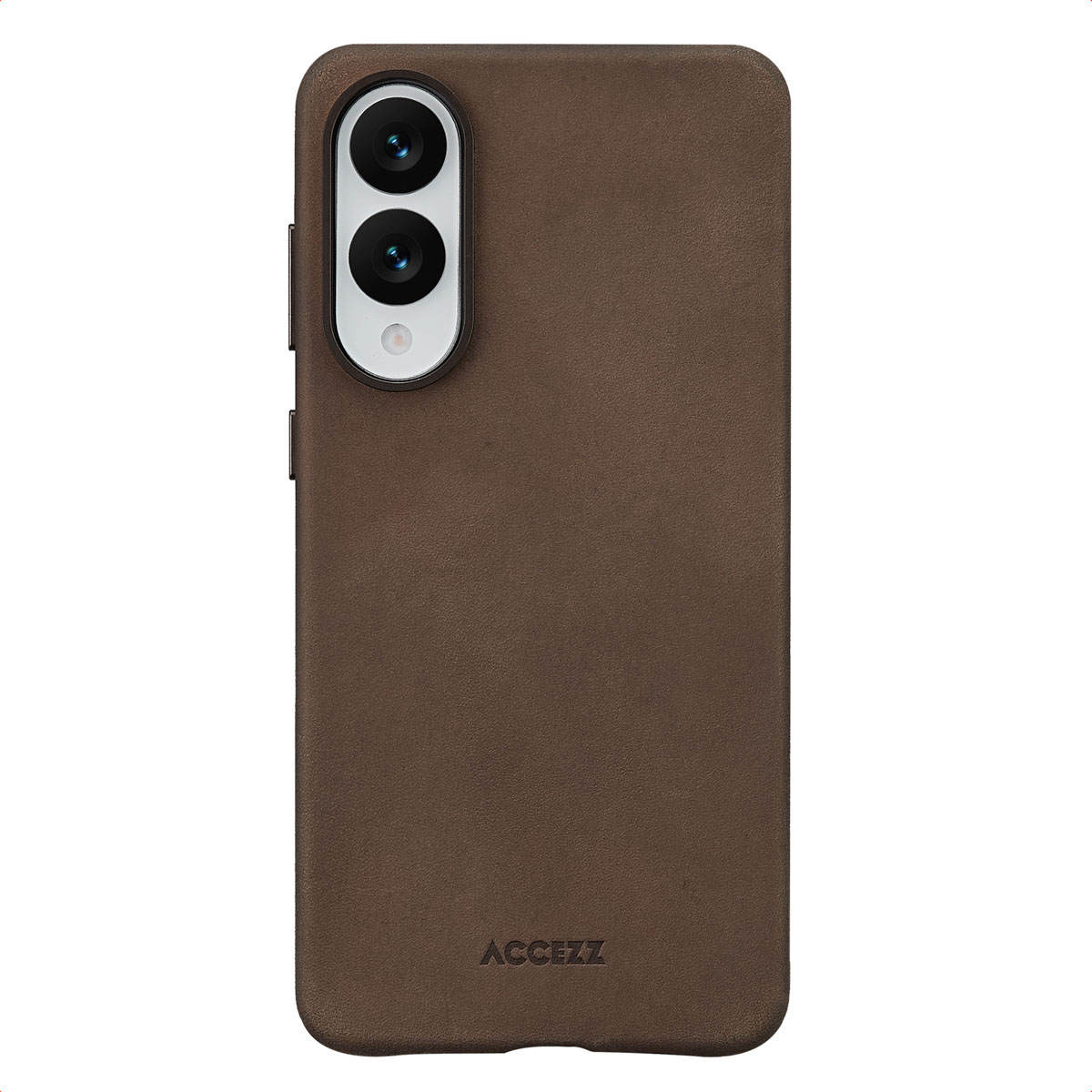 Een bruine telefoonhoes met cameramodule. De hoes heeft het merk ACCEZZ. De telefoon is bruin met een witte cameramodule.