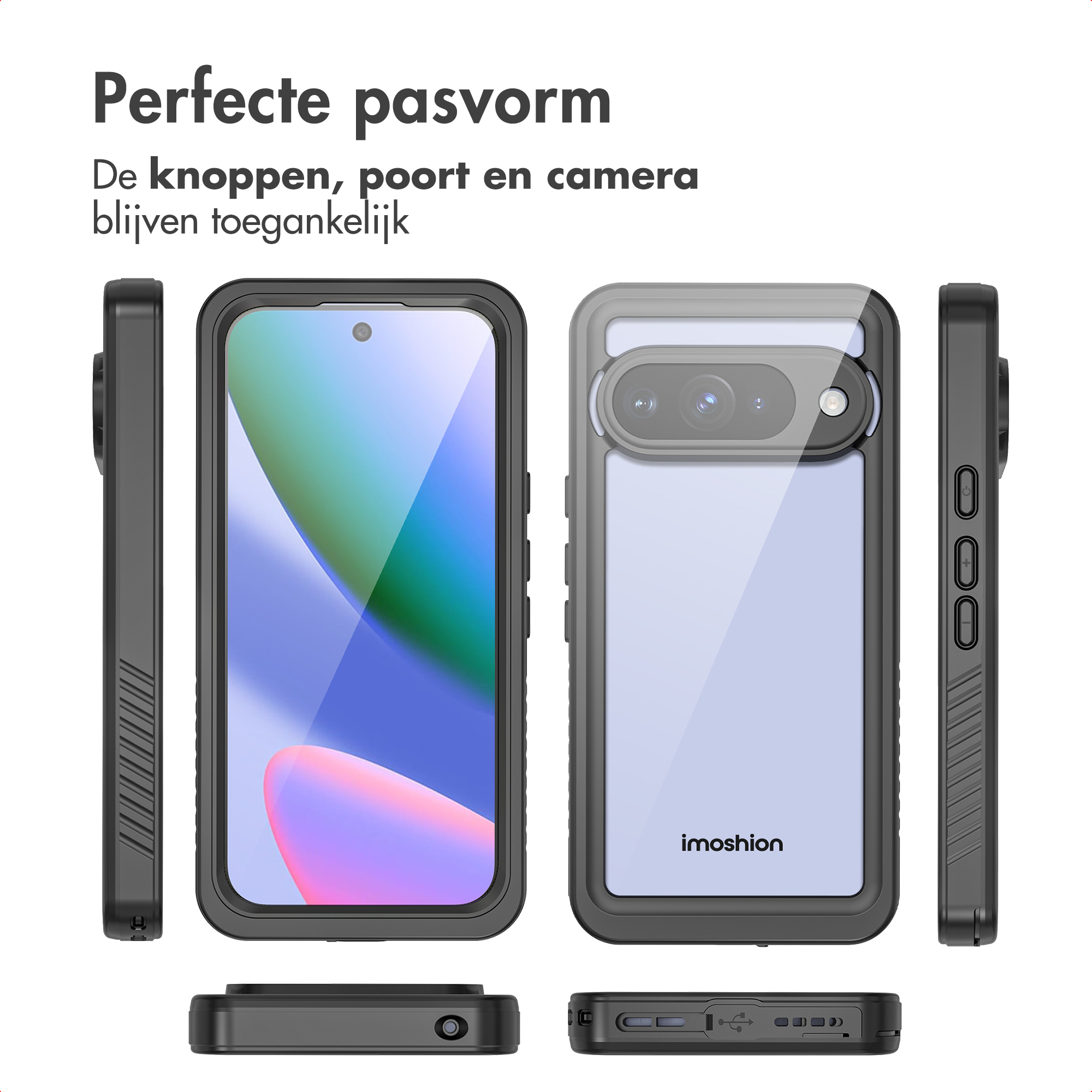 Custodia nera per telefono. Il telefono è nella custodia. Pulsanti, porte e fotocamera accessibili. Logo Imoshion visibile.