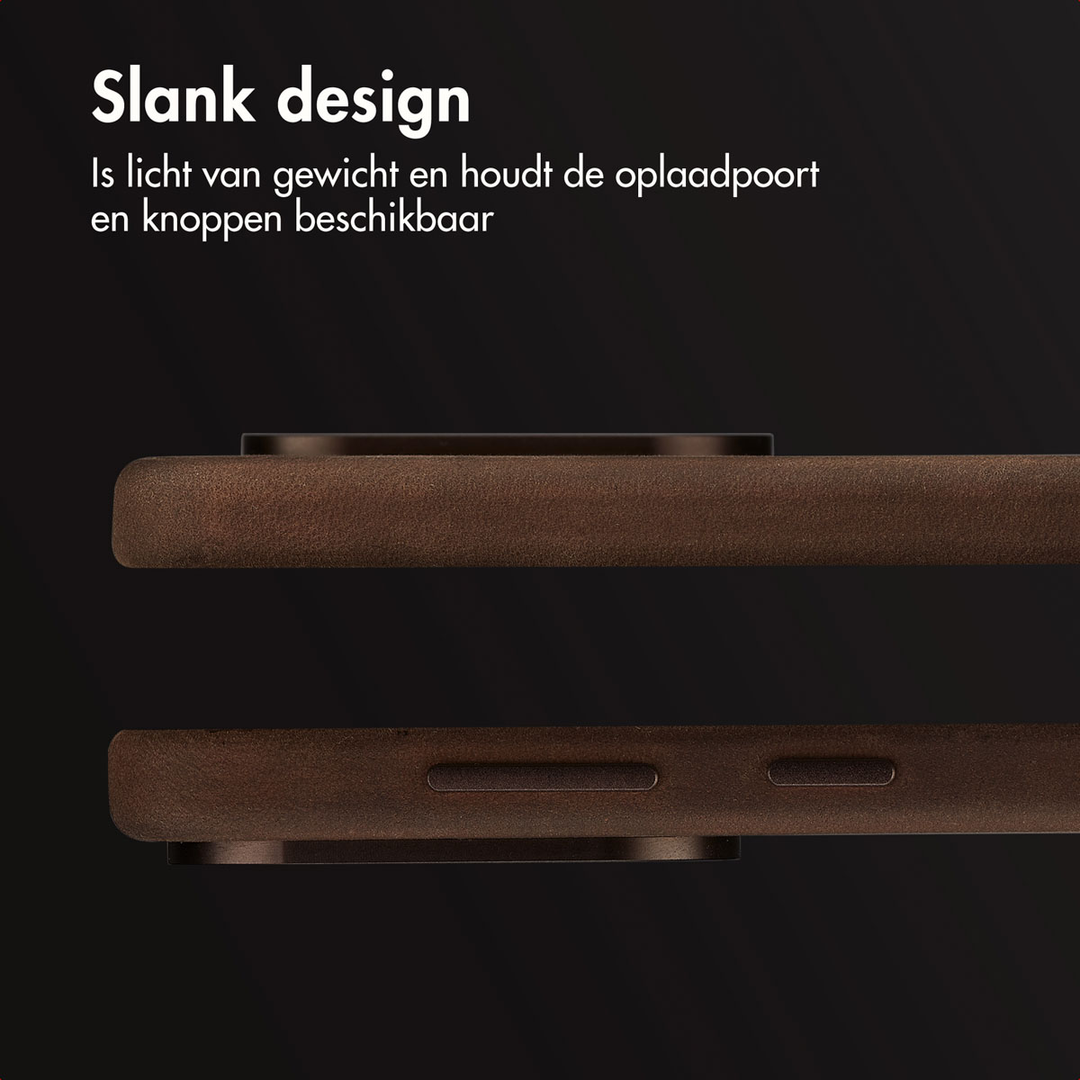 Close-up van een bruine telefoonhoes. De afbeelding benadrukt het slanke ontwerp, met zichtbare uitsparingen voor de oplaadpoort en knoppen.