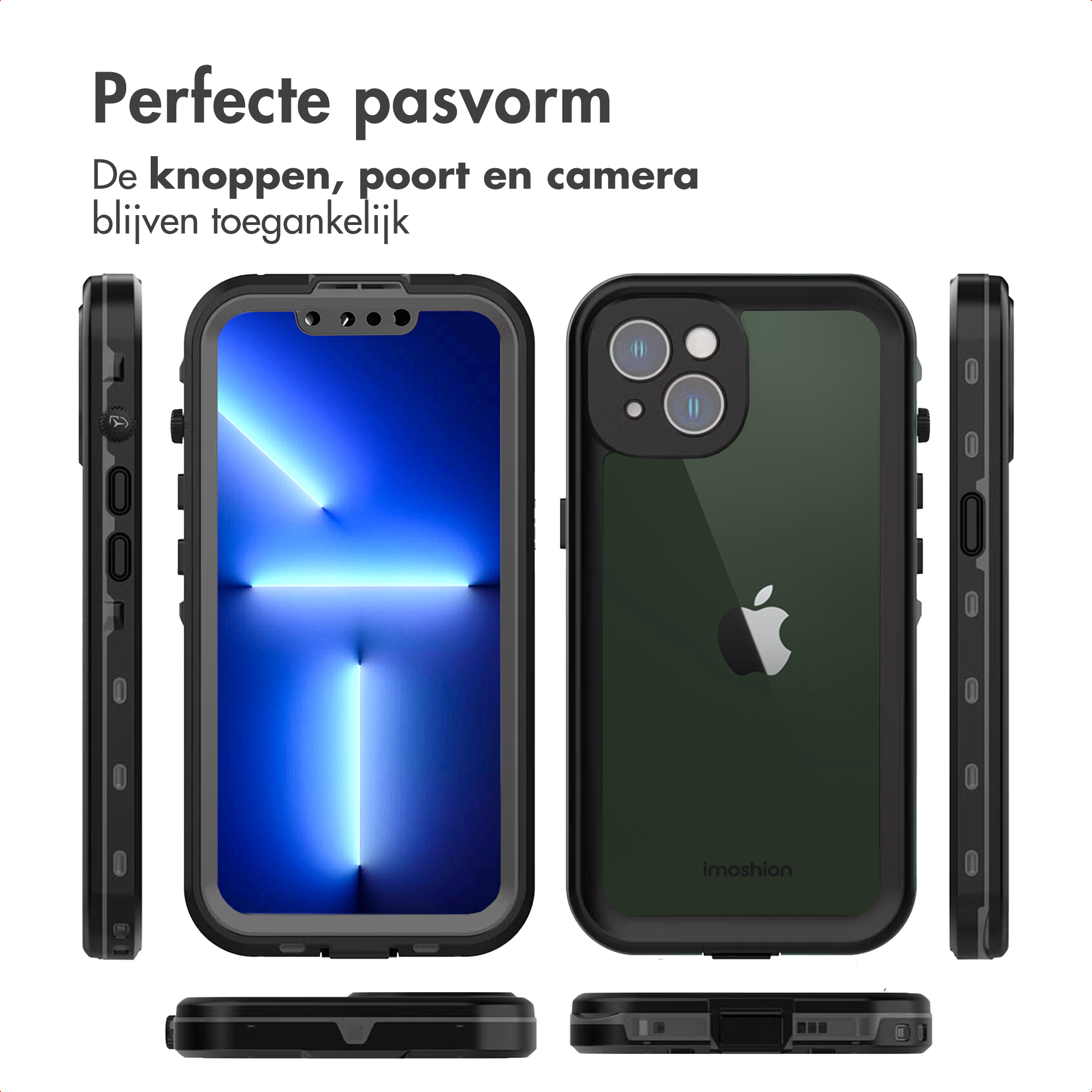 L'immagine mostra custodie per telefoni, con la scritta 'Vestibilità perfetta'. Le custodie sono nere e trasparenti.