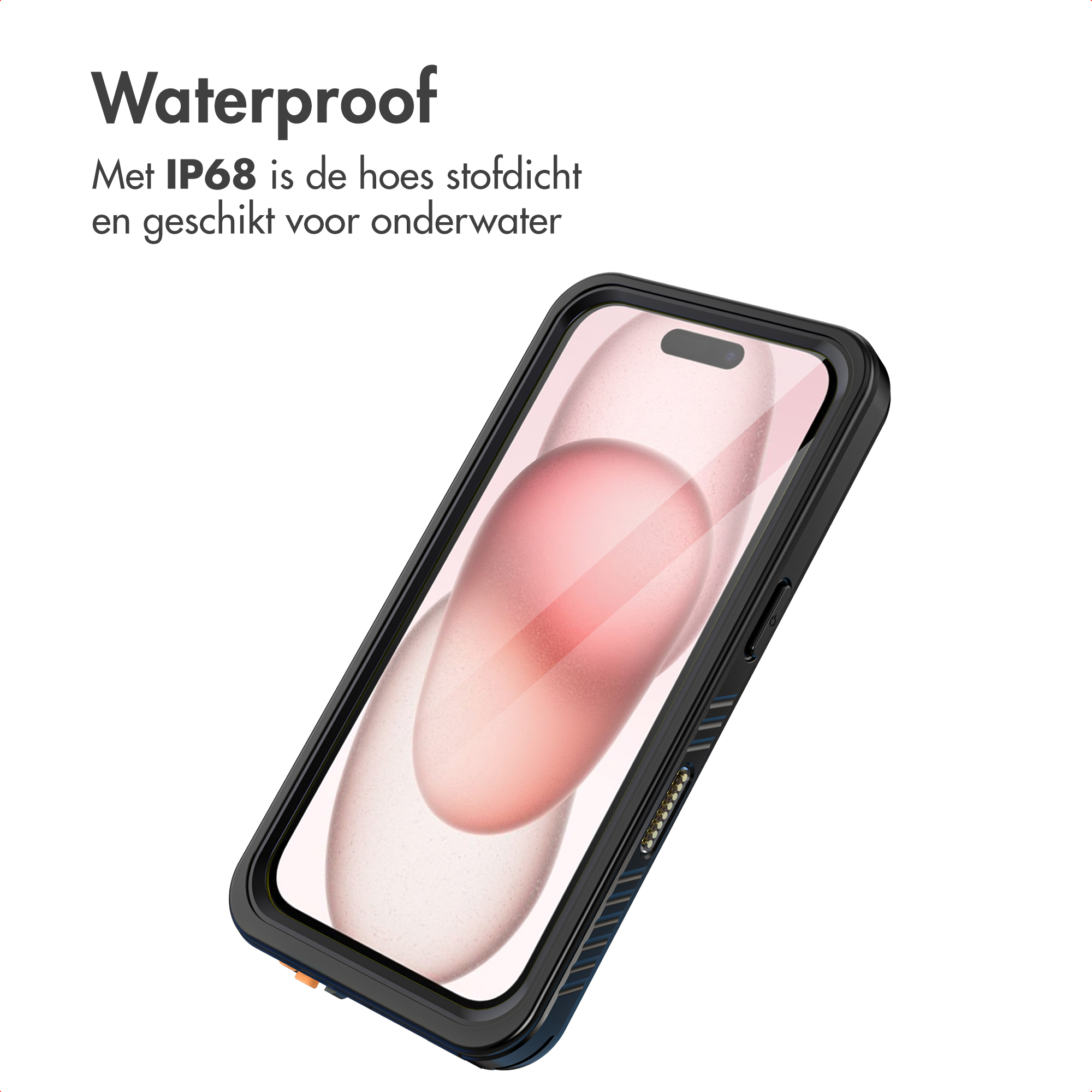 Custodia nera per telefono su sfondo bianco. Testo 'Waterproof'. La custodia si adatta al telefono, con schermo rosa.