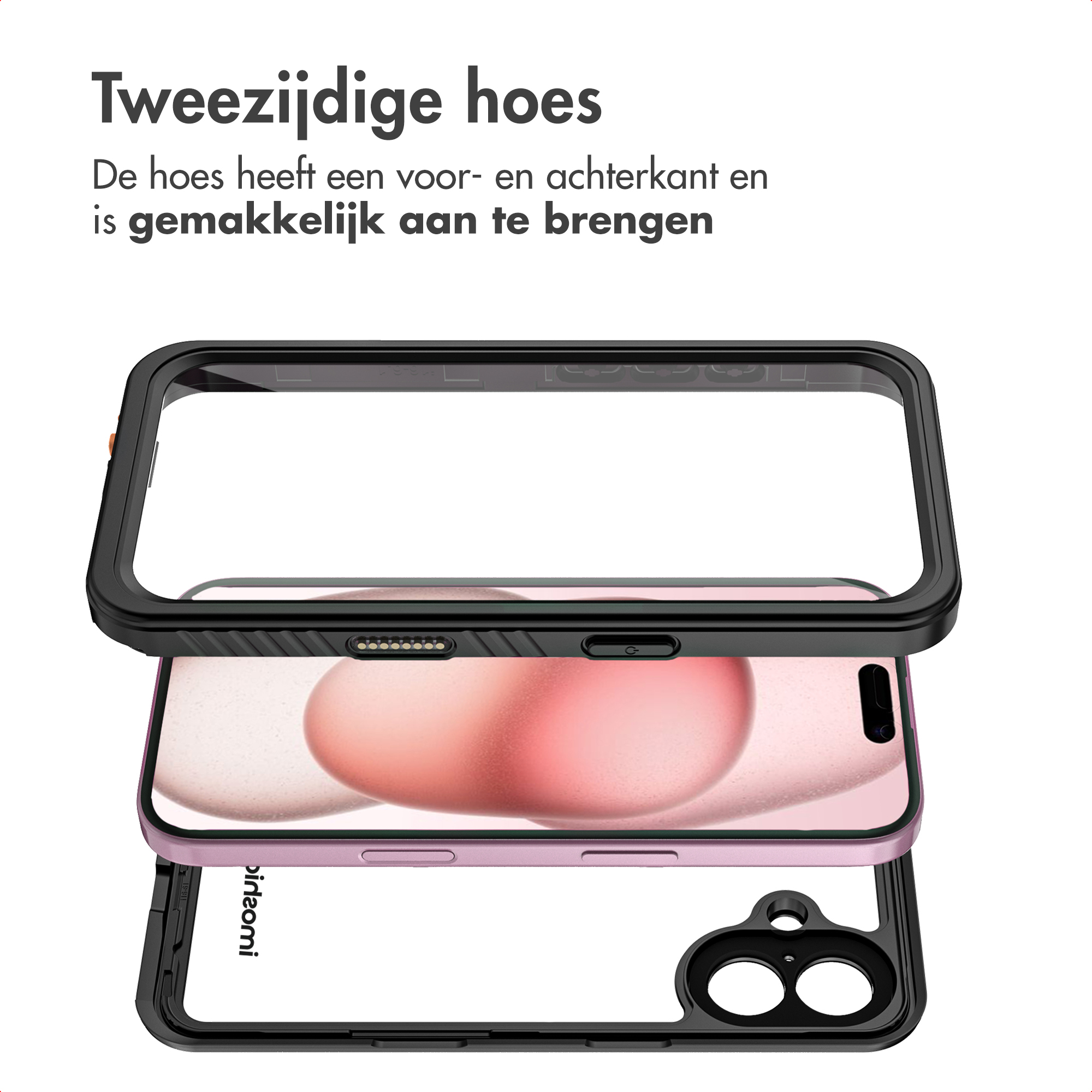 Una custodia per telefono, cornice nera con parti trasparenti. Lo schermo del telefono è visibile, colore rosa. Testo: Tweezijdige hoes.