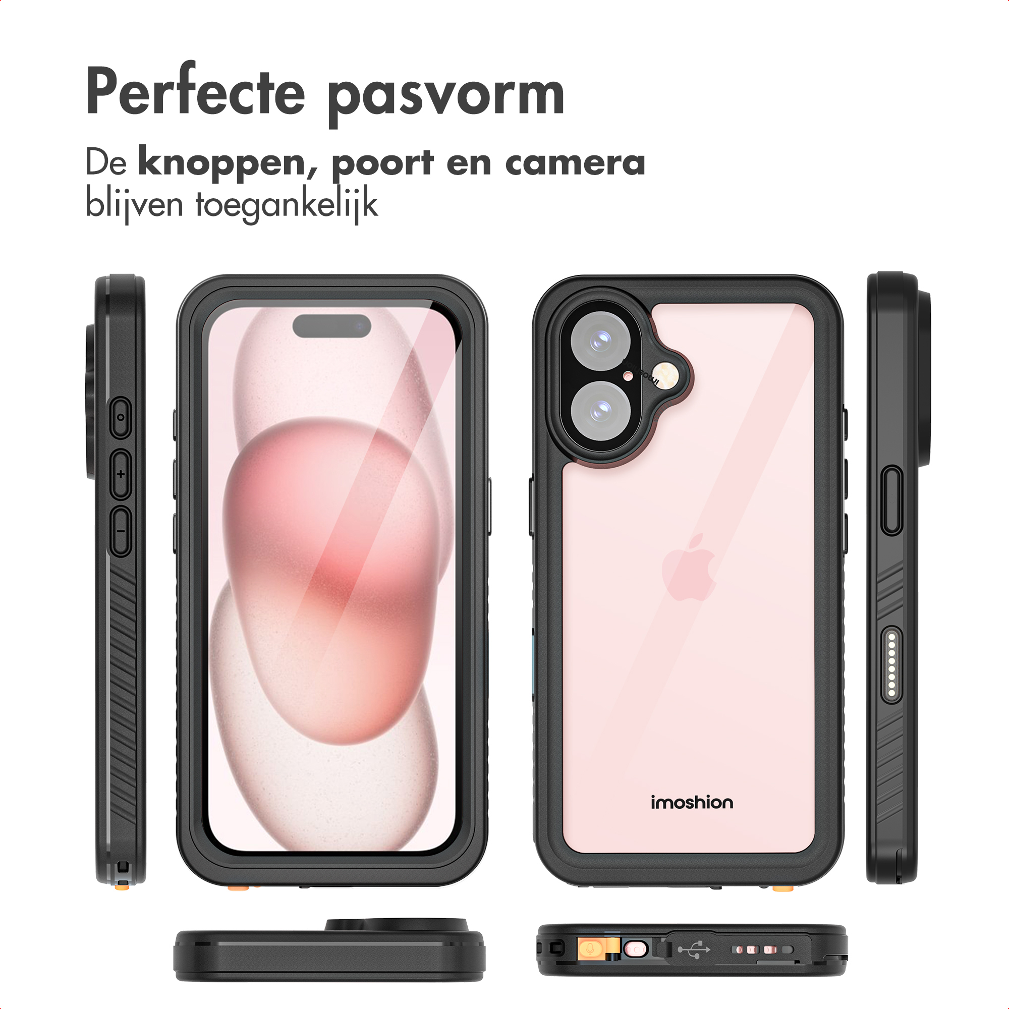 Custodia per telefono nera con retro trasparente che mostra un telefono rosa. Testo: Vestibilità perfetta, pulsanti, porte e fotocamera accessibili.