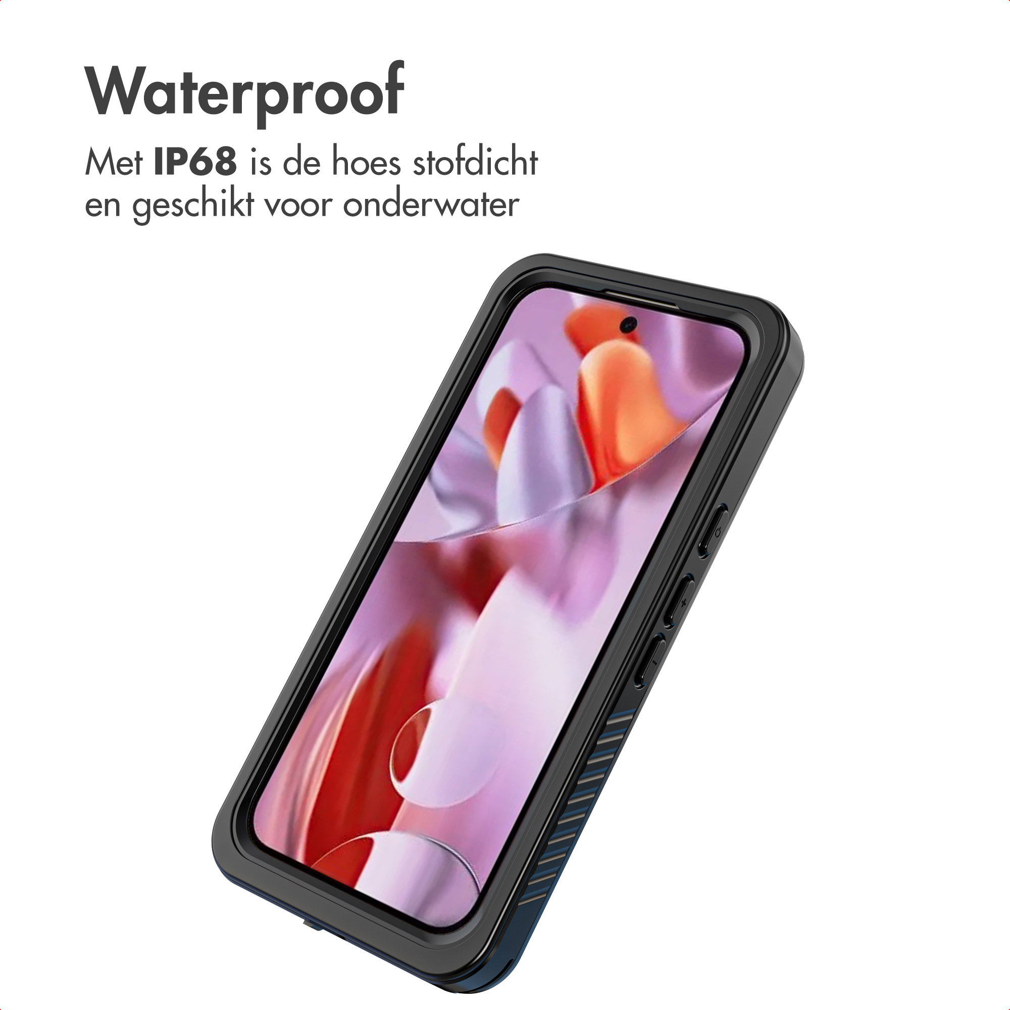 Een telefoon in een zwarte waterdichte hoes. De tekst bovenaan zegt 'Waterproof'. Het scherm toont een kleurrijke abstracte afbeelding.