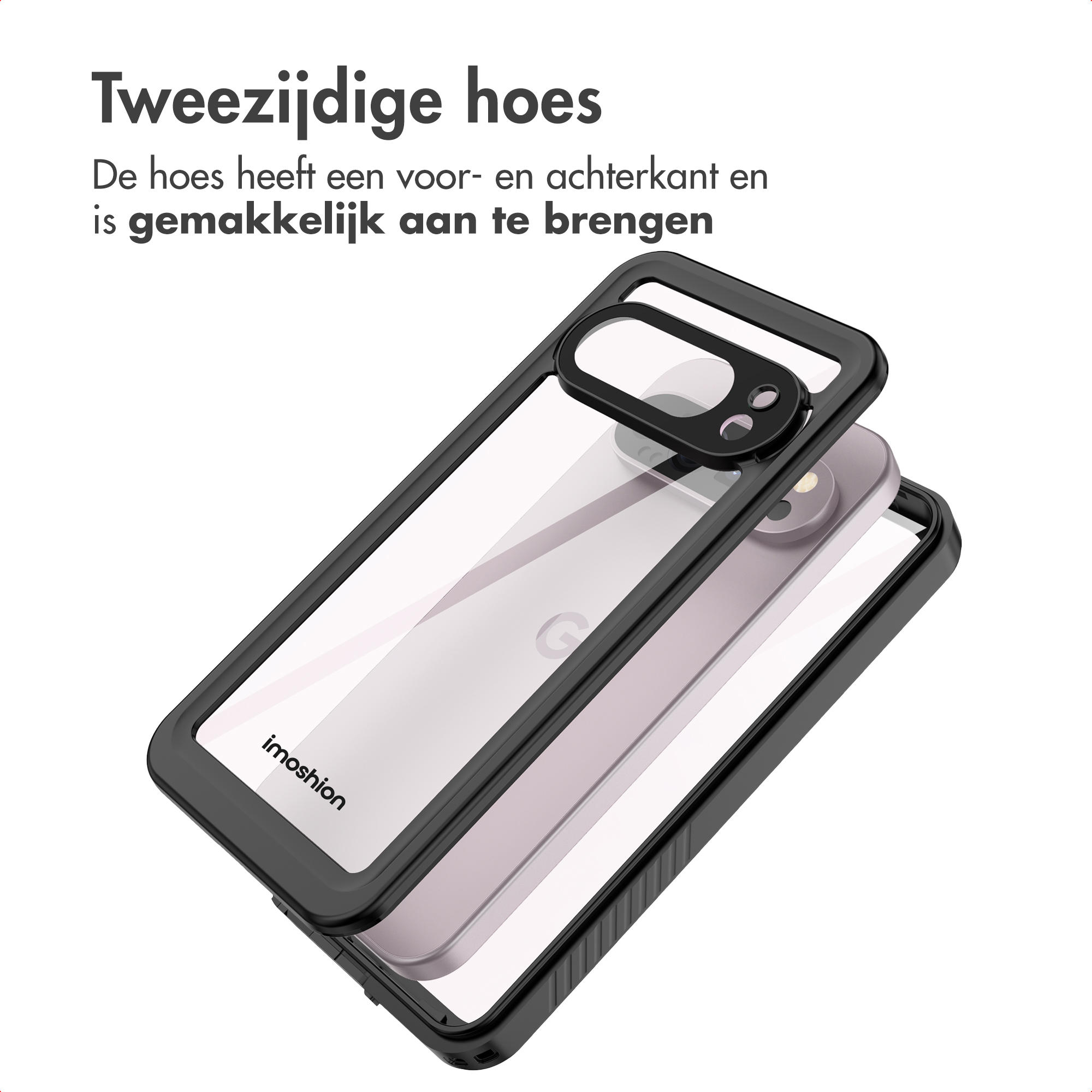 Transparante telefoonhoes met zwart frame. Telefoon zichtbaar met 'G'-logo. Tekst: 'Tweezijdige hoes'.