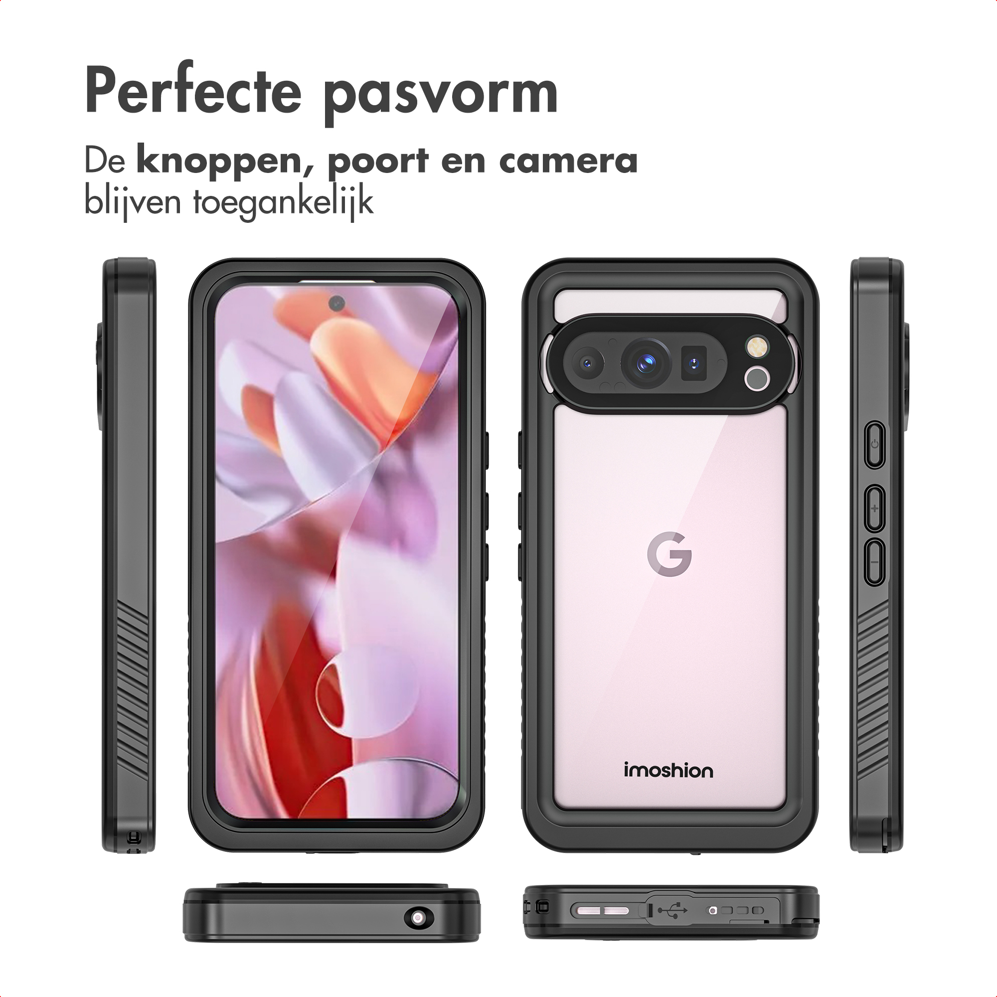 Een telefoonhoesje, met een zwart frame en een transparante achterkant. Meerdere weergaven tonen de hoes vanuit verschillende hoeken.