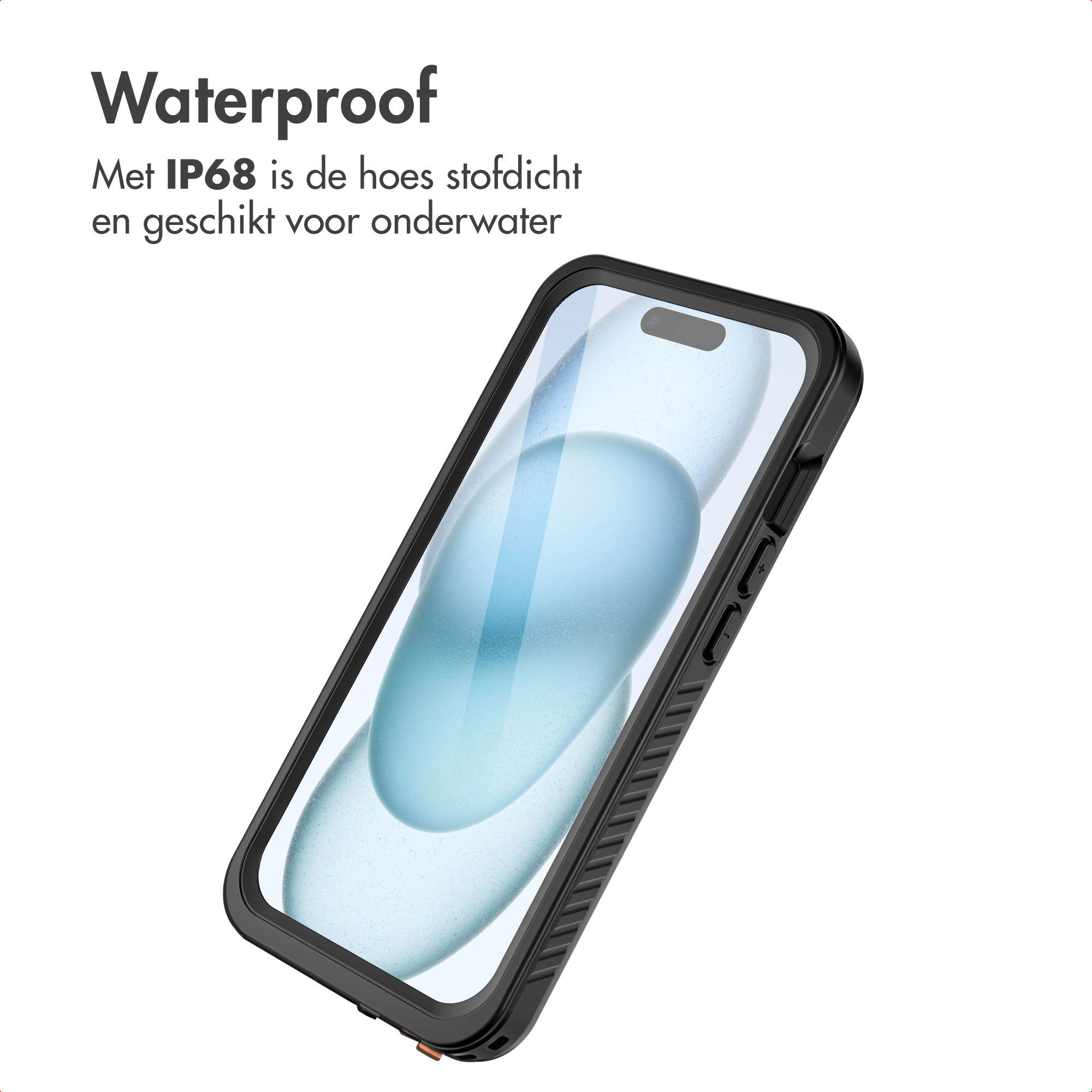 Black phone case with a phone inside. The phone is angled, showing the screen. Text reads 'Waterproof'.