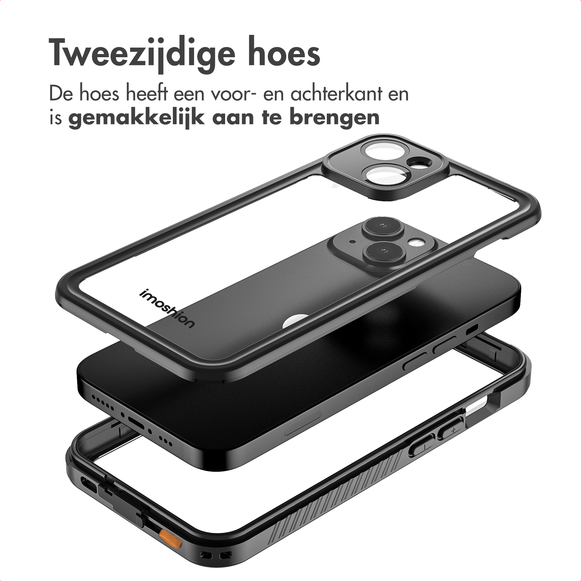 Black phone case in layers. Imoshion brand. Clear top layer, black middle, and bottom case with buttons.