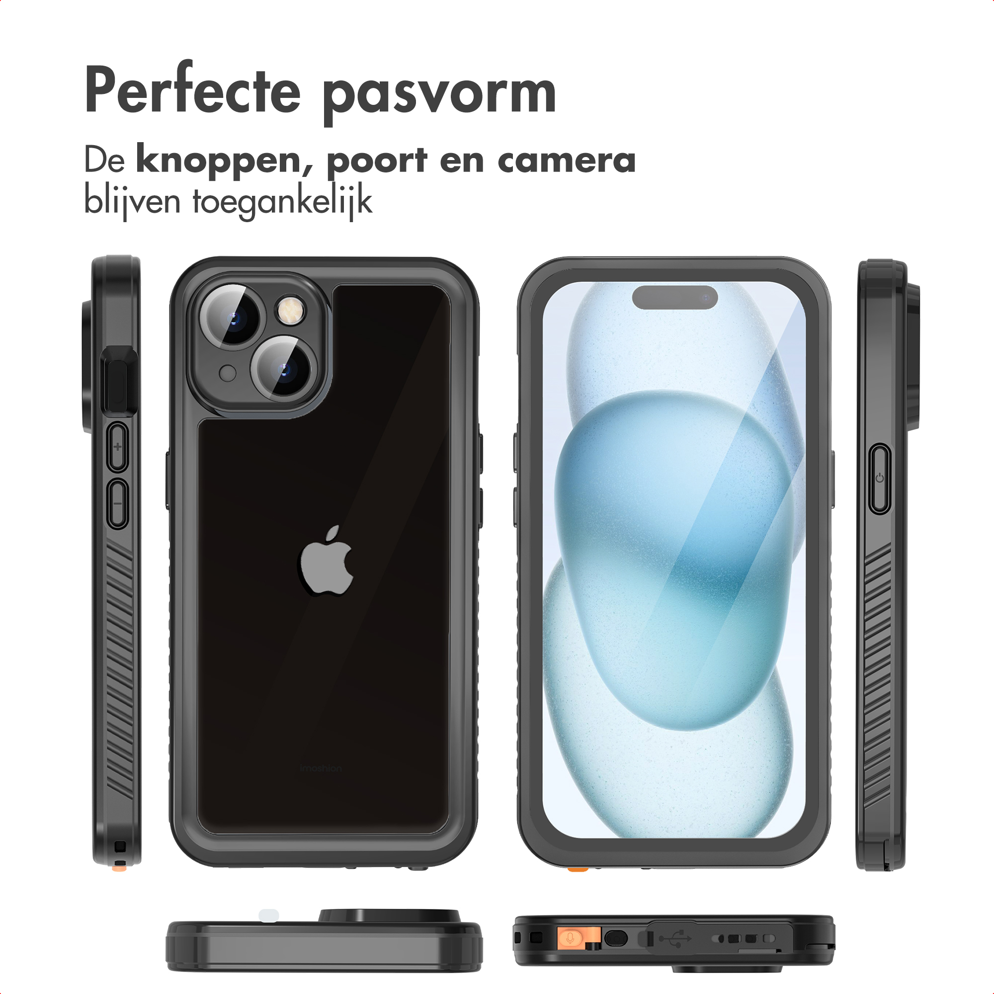 Black phone case with a phone inside, showing front, back, and side views. White background. Text: Perfect fit.