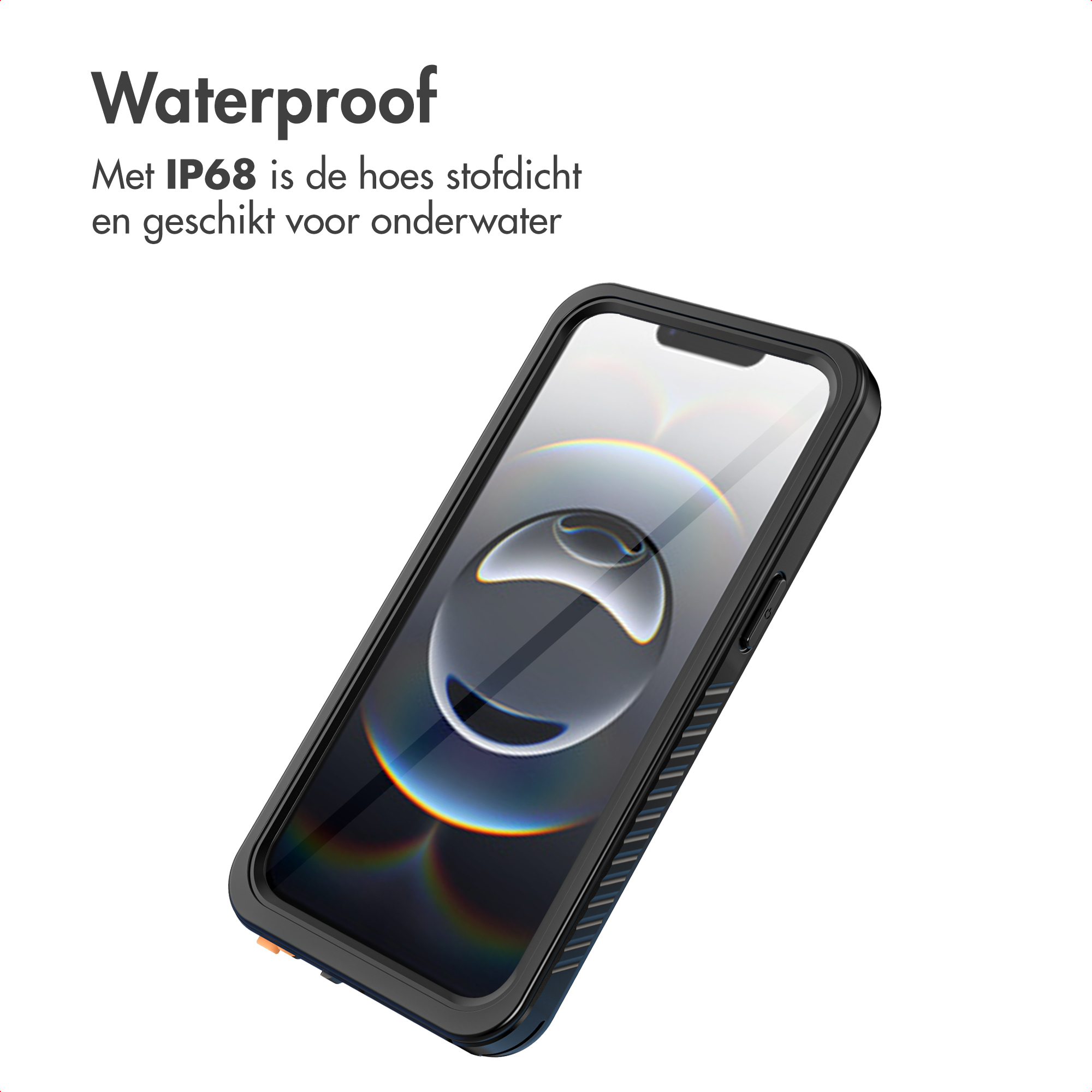 A phone in a black waterproof case, angled slightly. Text at the top says waterproof.