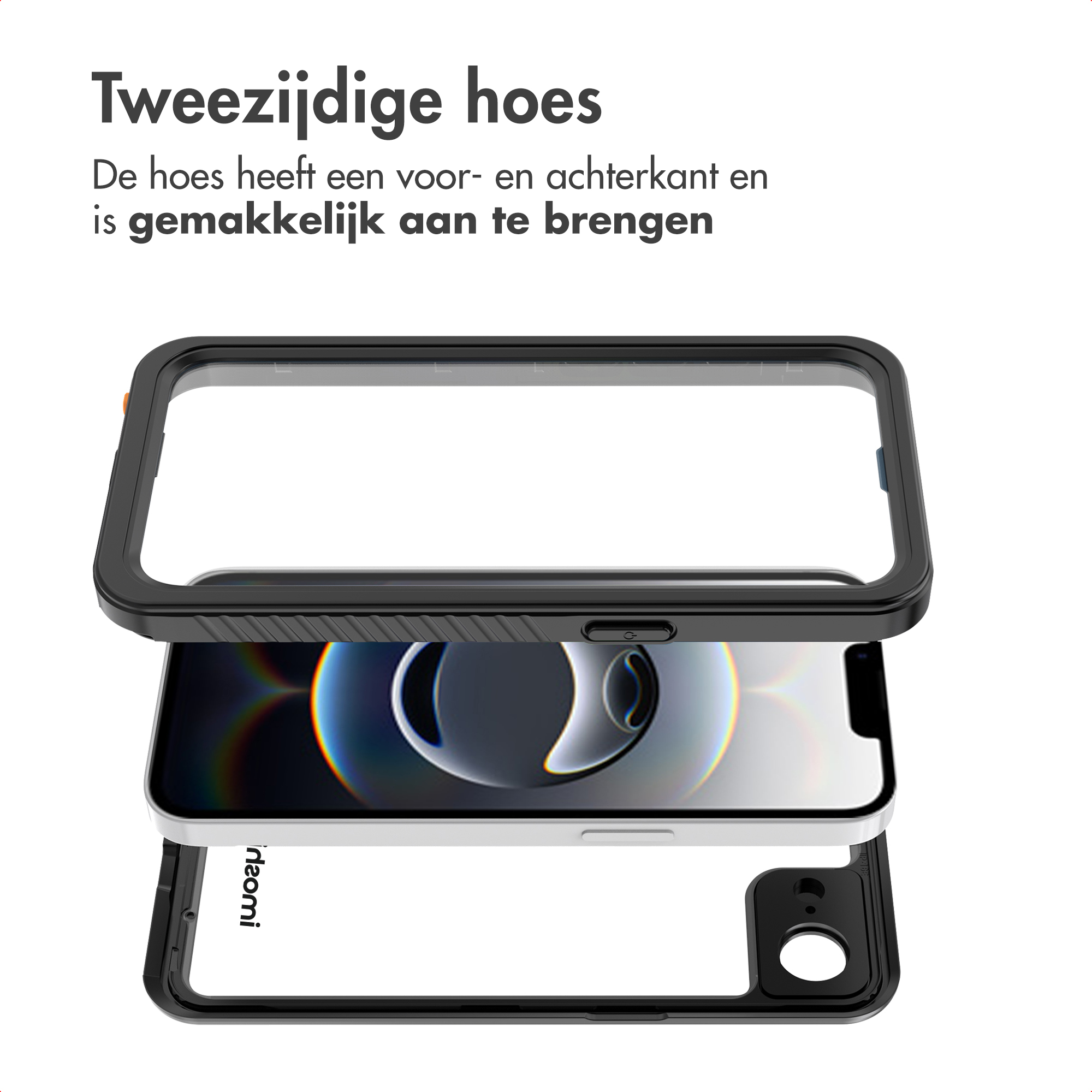 A phone case is shown, made of black and transparent materials. The phone is in the middle of the case.