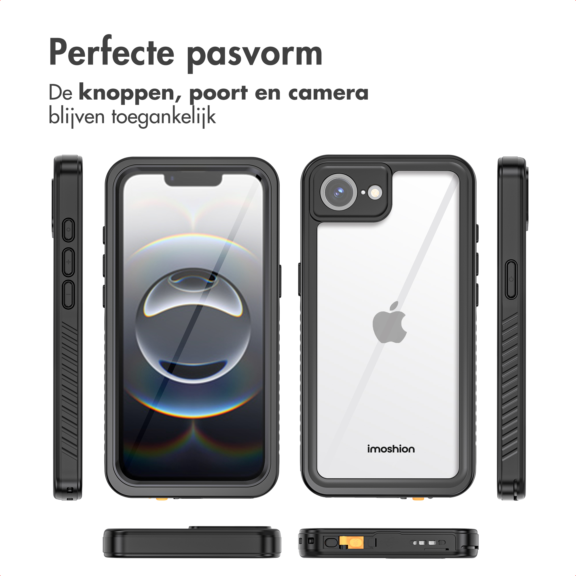 Image shows phone cases in different angles. Black case with clear back, buttons and camera are accessible. Apple logo visible.