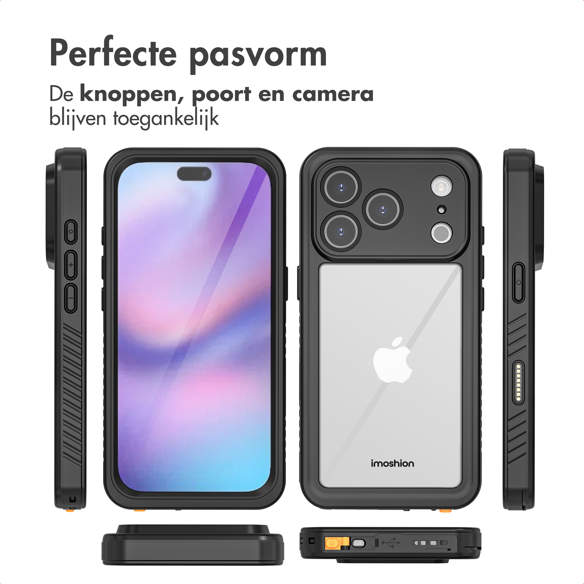 Custodia nera per telefono con retro trasparente. Diverse viste mostrano i pulsanti, le porte e l'accesso alla fotocamera.