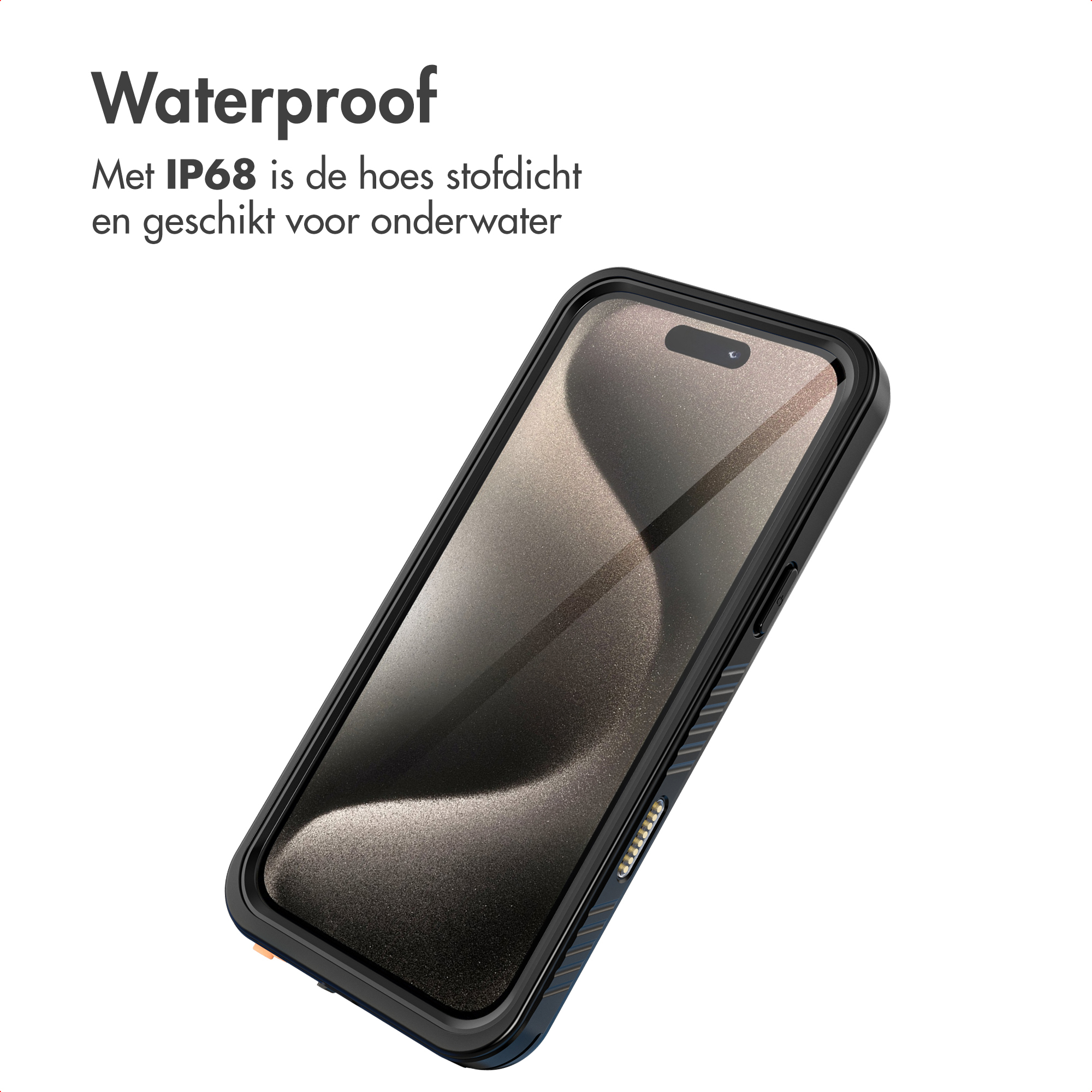 Un telefono in una custodia impermeabile nera, angolato su una superficie bianca. Testo 'Waterproof' visibile.
