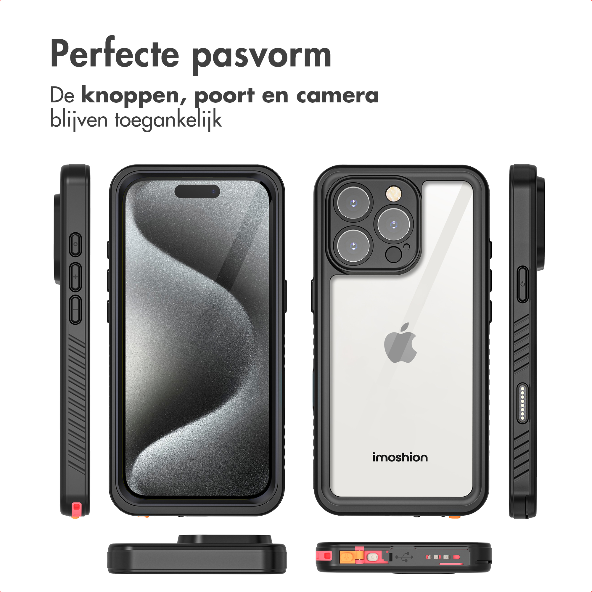 Una custodia per telefono con retro trasparente, che mostra il design del telefono. Bordi neri e pulsanti laterali visibili. Il marchio è visibile.