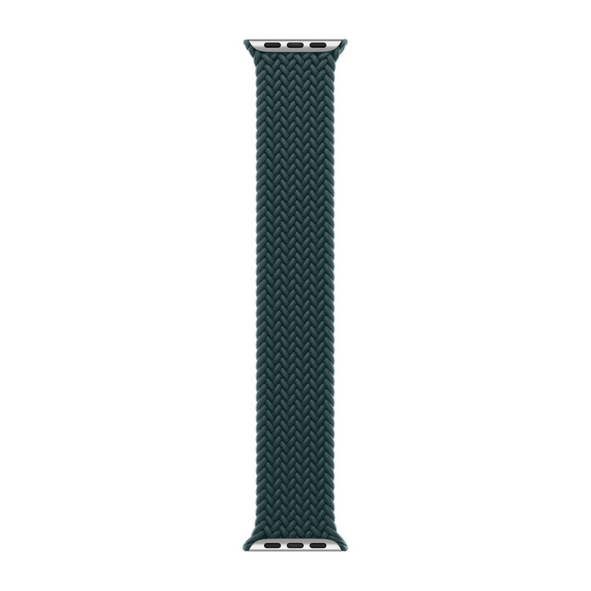 Un cinturino intrecciato verde scuro per Apple Watch. Il cinturino è centrato e allineato verticalmente su uno sfondo bianco.